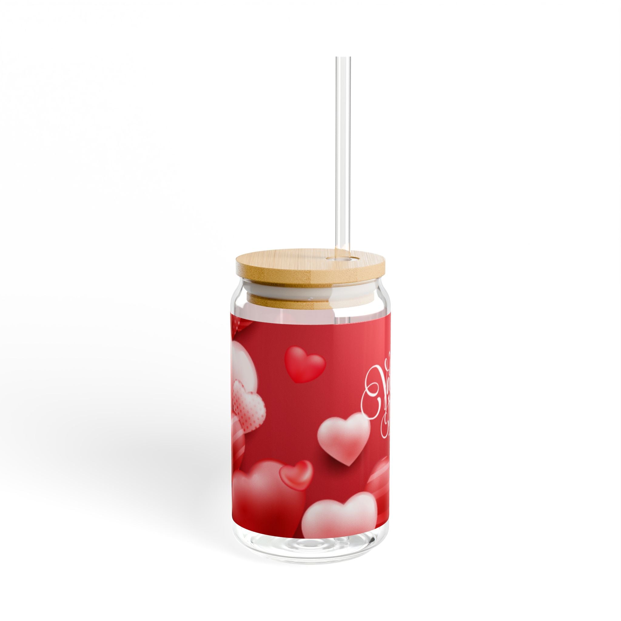 Glass Sipper 16oz - Red Happy Valentines Day Gift for Teachers, Girlfriend, Boyfriend, Valentines Give Away, Glasses Drinking Set, Iced Coffee Cup with Bamboo Lids, Drinking Glasses Tumbler with Straw and Lid, Glass Can Coffee Cups, Drinking Glassware