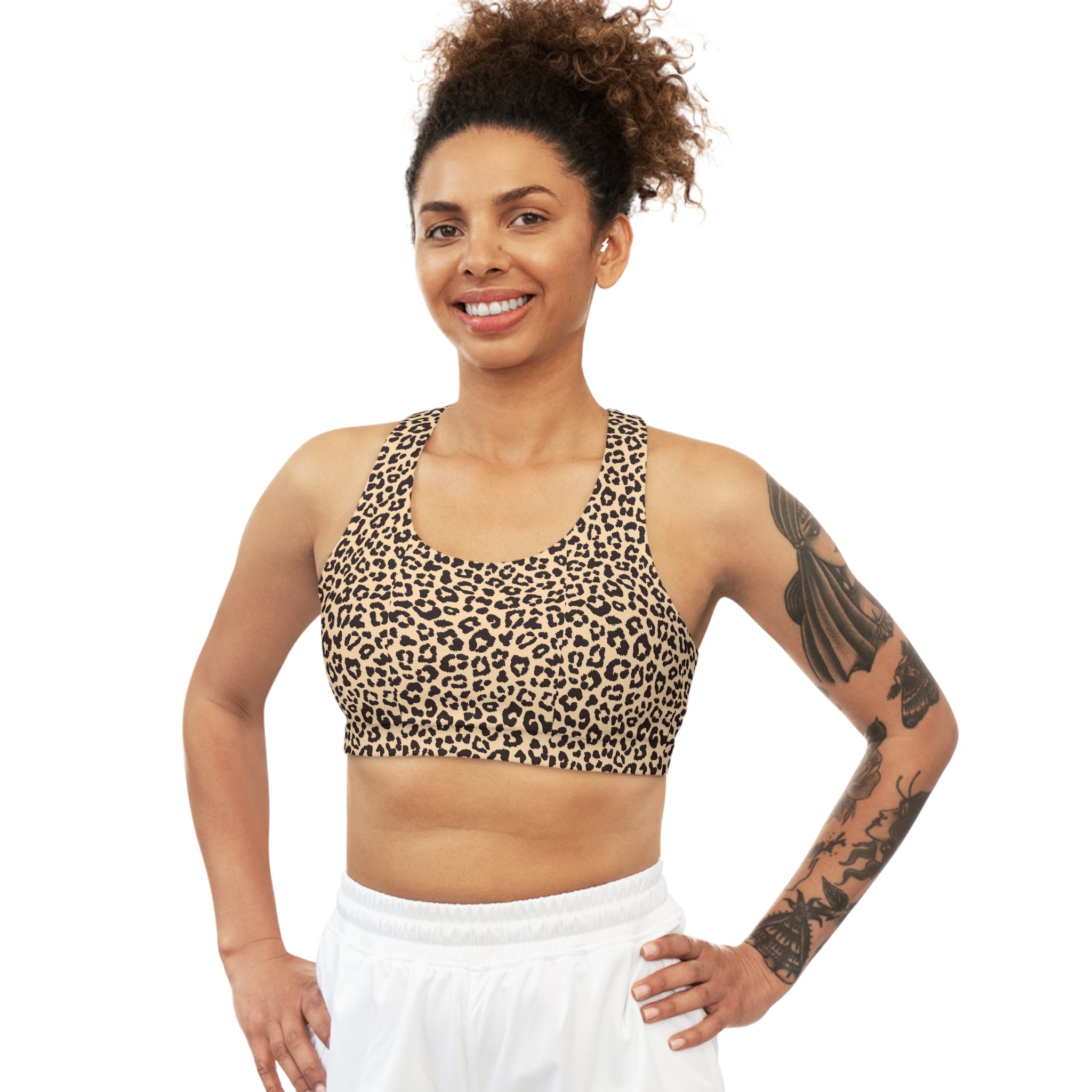 Beige Leopard, Racerback Sports Bra for Women - High Impact Workout Crop Tank Top