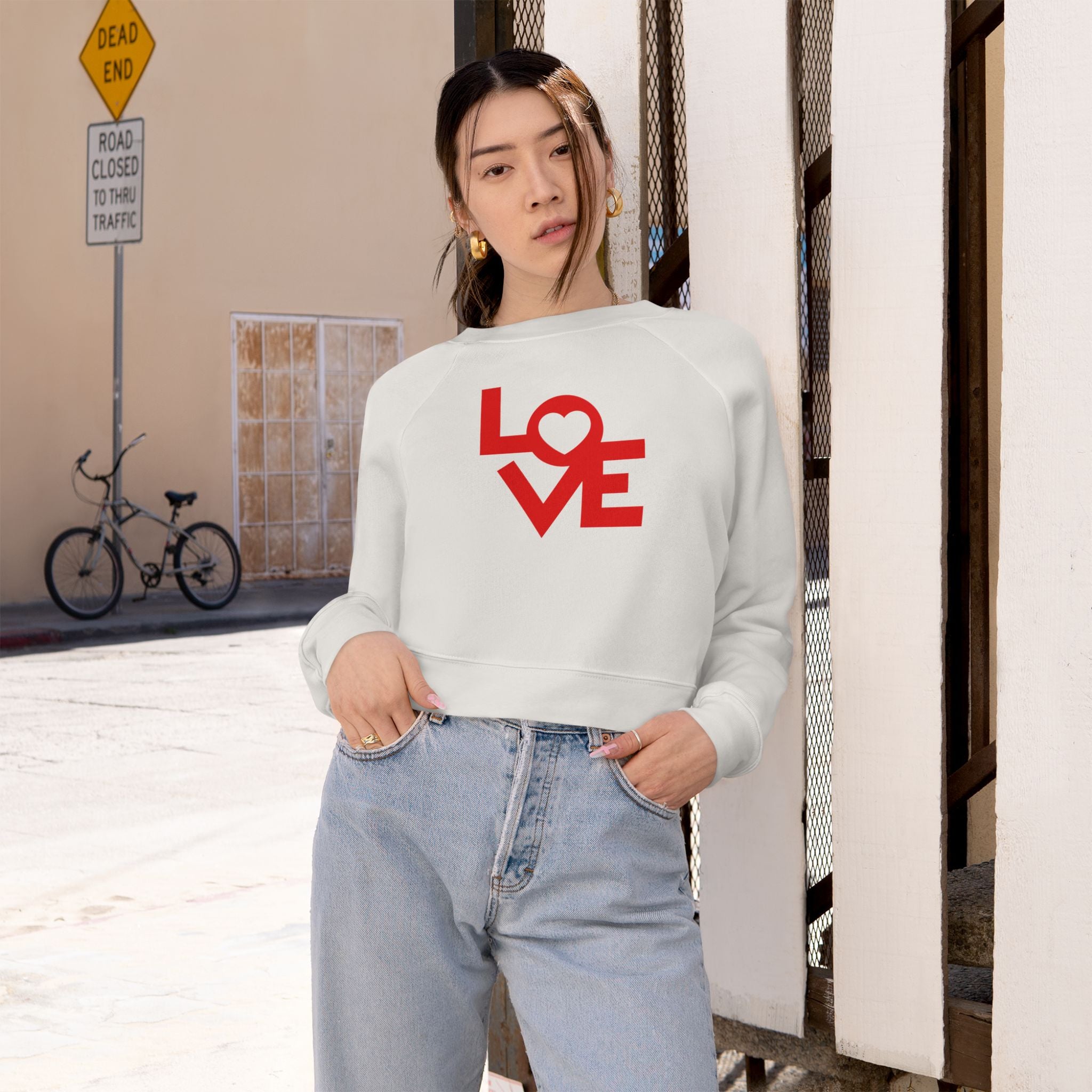 LOVE Graphic Cropped Fleece Pullover, Valentines Gift for Her, Long Sleeve Women's Shirt, Casual Pullover Top, Graphic Shirt Valentines