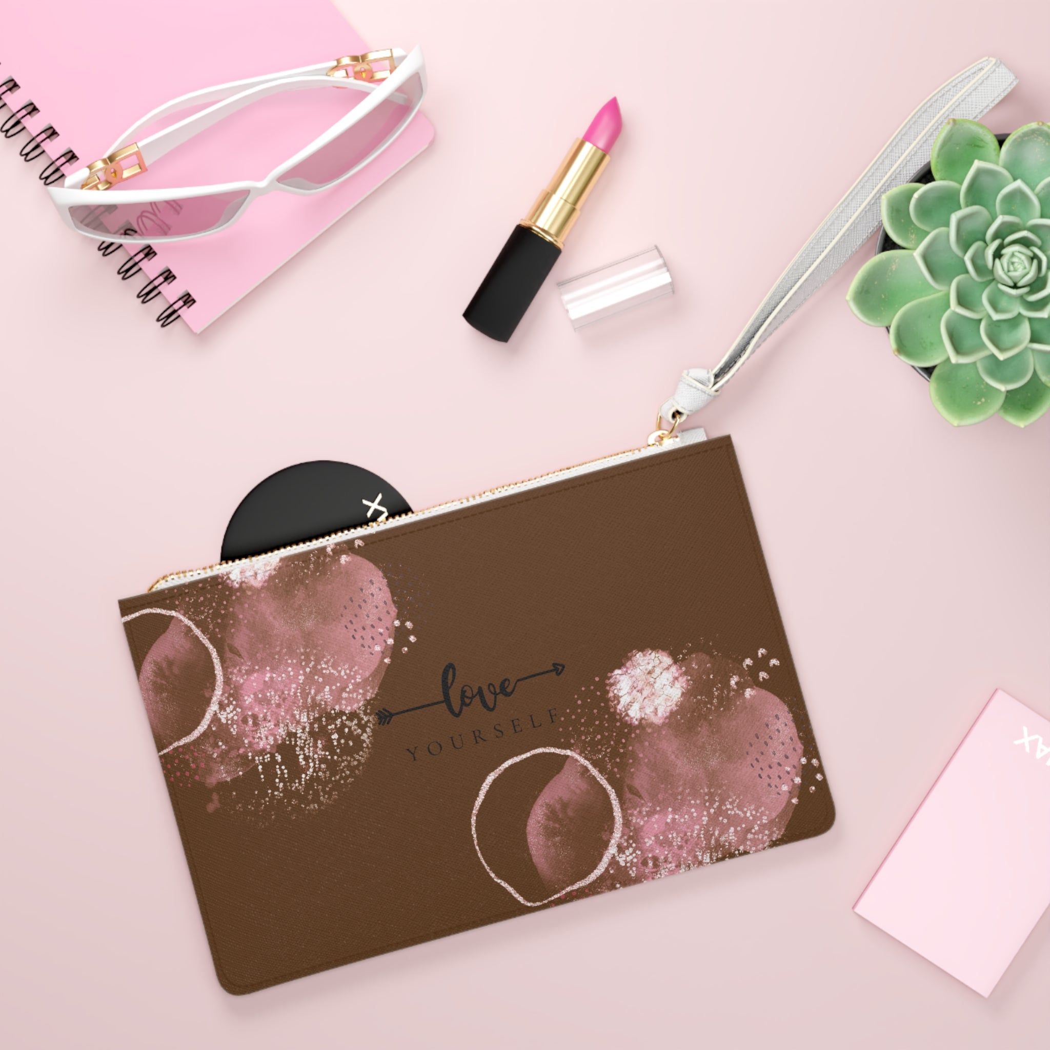 Brown Love Yourself Clutch Bag - Valentines Gift, Cute Design, Women Wallet Wristlet Clutch, Purses for Women Wristlet, Handbags Small Wallet Purses, Ladies Gifts