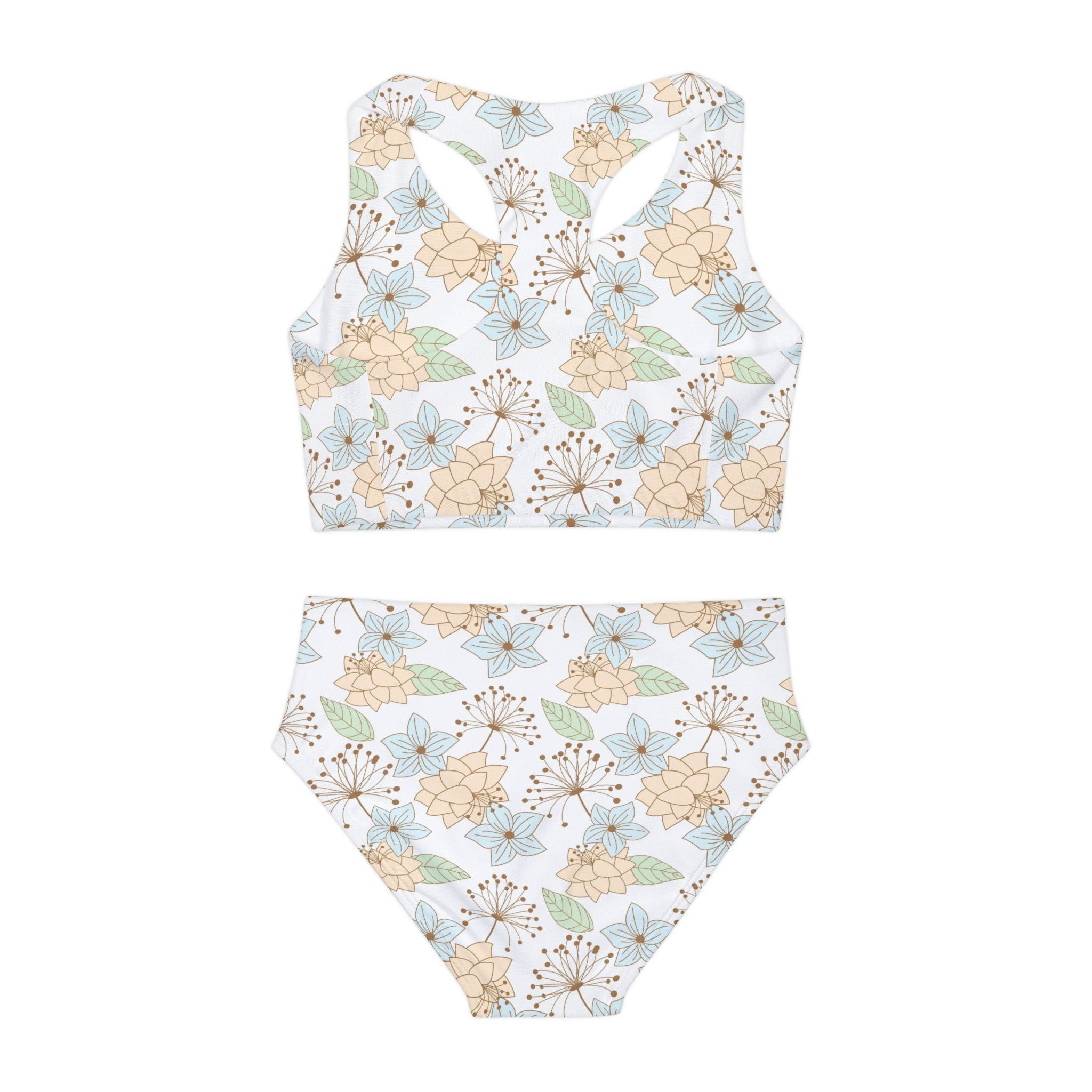 Beige Swimsuit Set, Floral Pattern Two Piece Bathing Suit, Cute Girls Swimwear, Summer Beach Outfit, Kids Swim Set