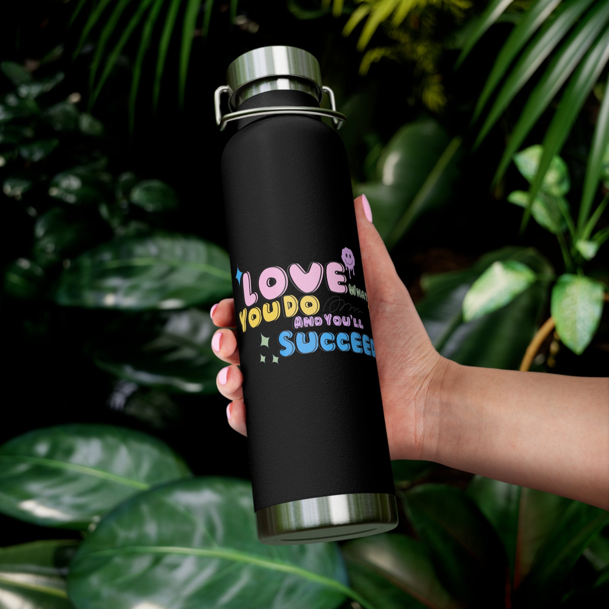 "Love What You Do and You'll Succeed " Copper Water Bottle, Inspirational Quote, Gift Tumbler, 22oz, Motivational Drinkware, Stainless Steel Thermos