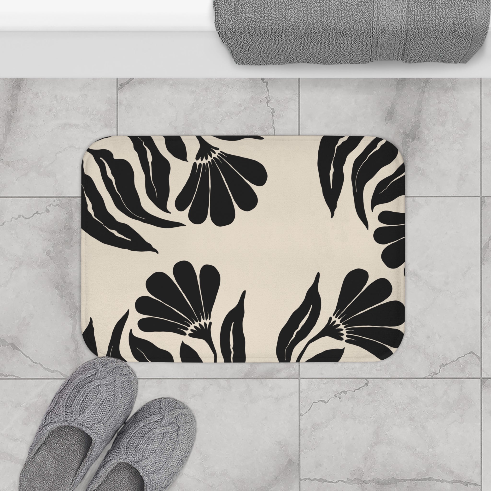 Black Cream Memory Foam Microfiber Bath Mat - Extra Soft Non-Slip Plush Rug, Machine Washable, Bathroom Floor, Tub & Shower