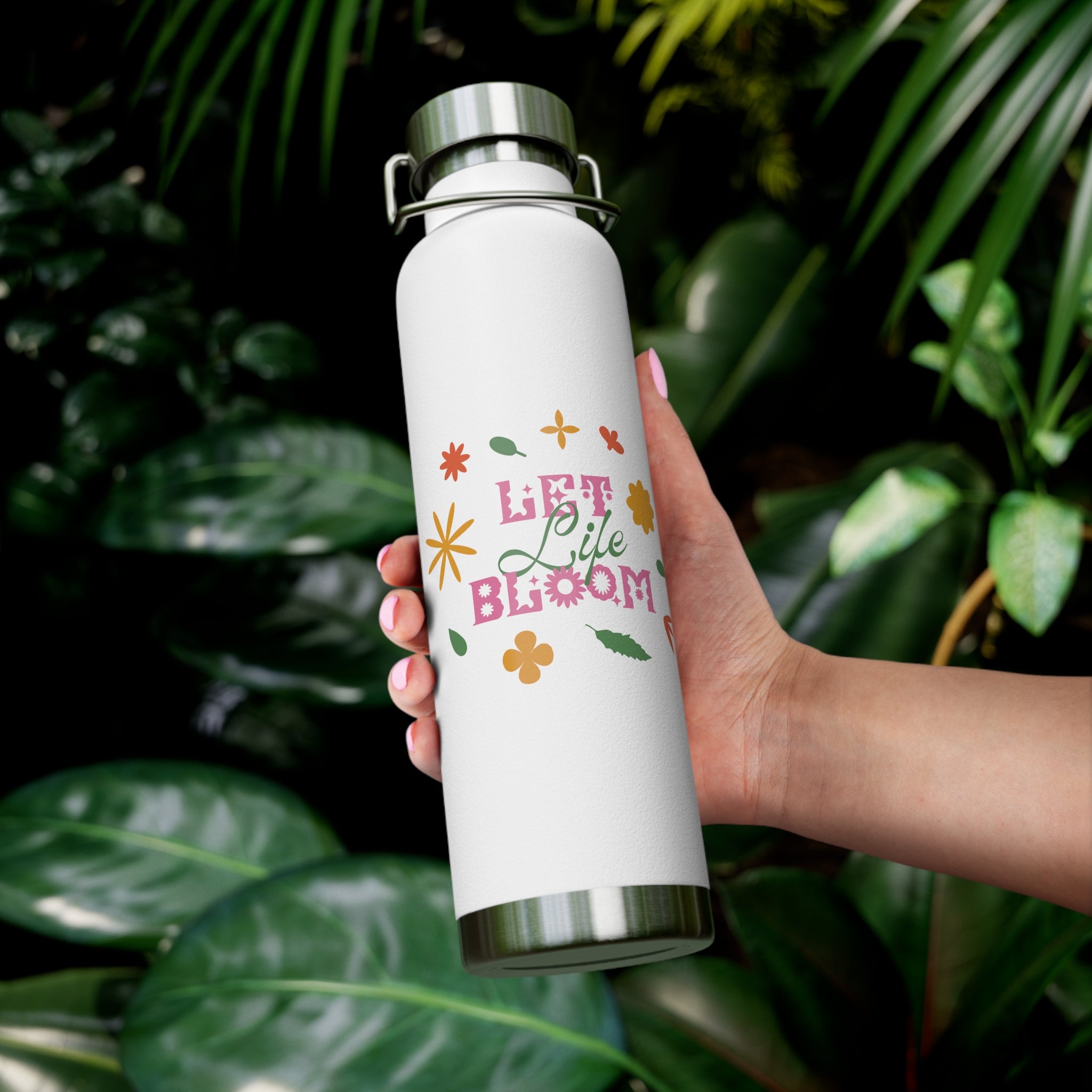 "Let Life Bloom" Copper Water Bottle, Inspirational Quote, Gift Tumbler, 22oz, Motivational Drinkware, Stainless Steel Thermos