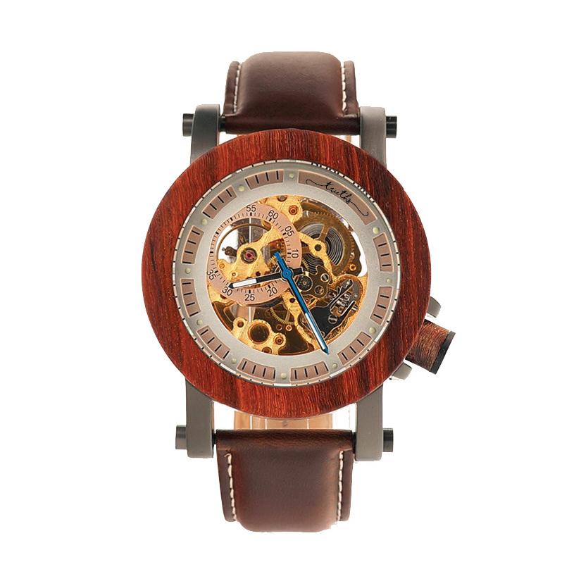 Wood Bezel Stainless Steel Genuine Leather Men's Watch