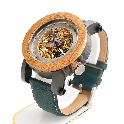 WOOD BEZEL STAINLESS STEEL GENUINE LEATHER MEN'S WATCH (BLUE)