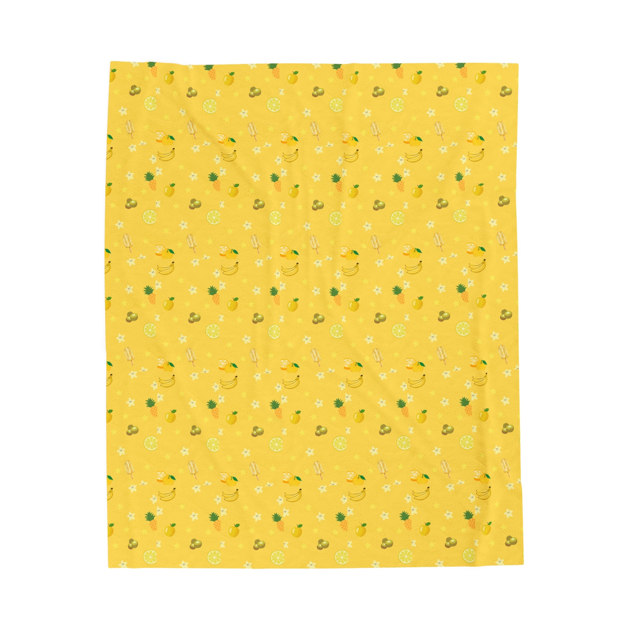 Yellow Summer Fruits Kids Design Velveteen Plush Blanket, Gift for Boys and Girls, Cozy Throw Blanket, Children's Bedroom Decor, Nursery Bedding