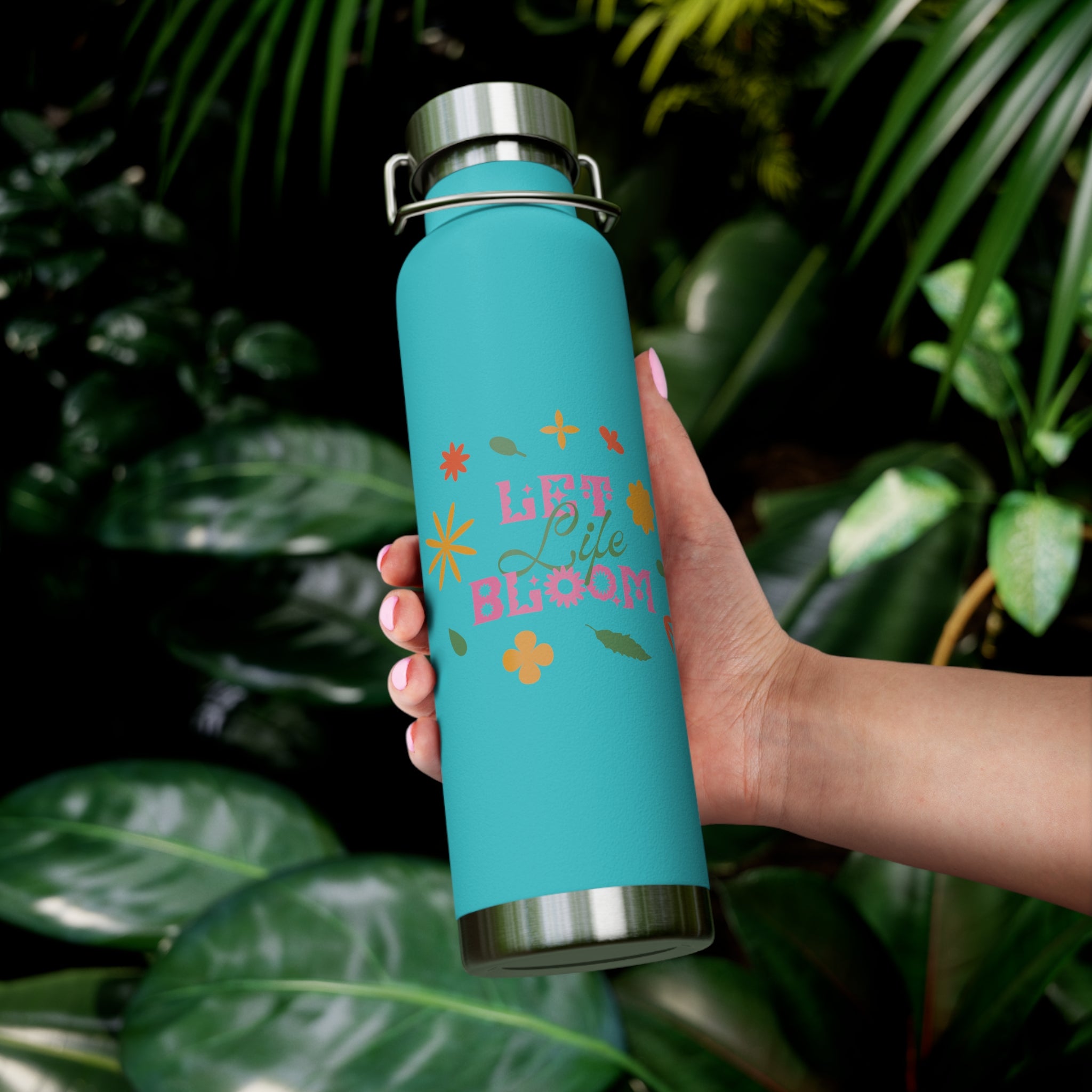"Let Life Bloom" Copper Water Bottle, Inspirational Quote, Gift Tumbler, 22oz, Motivational Drinkware, Stainless Steel Thermos