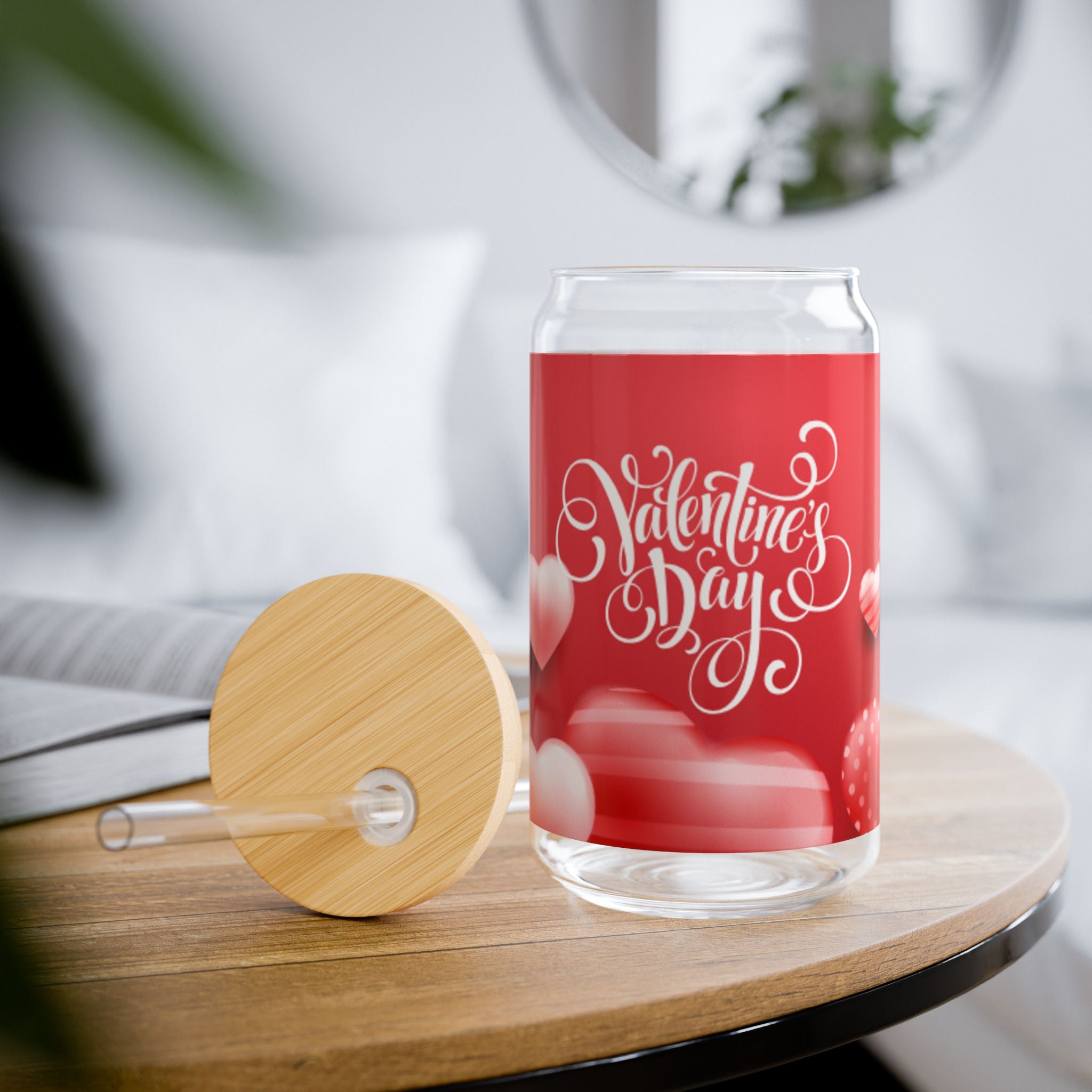 Glass Sipper 16oz - Red Happy Valentines Day Gift for Teachers, Girlfriend, Boyfriend, Valentines Give Away, Glasses Drinking Set, Iced Coffee Cup with Bamboo Lids, Drinking Glasses Tumbler with Straw and Lid, Glass Can Coffee Cups, Drinking Glassware