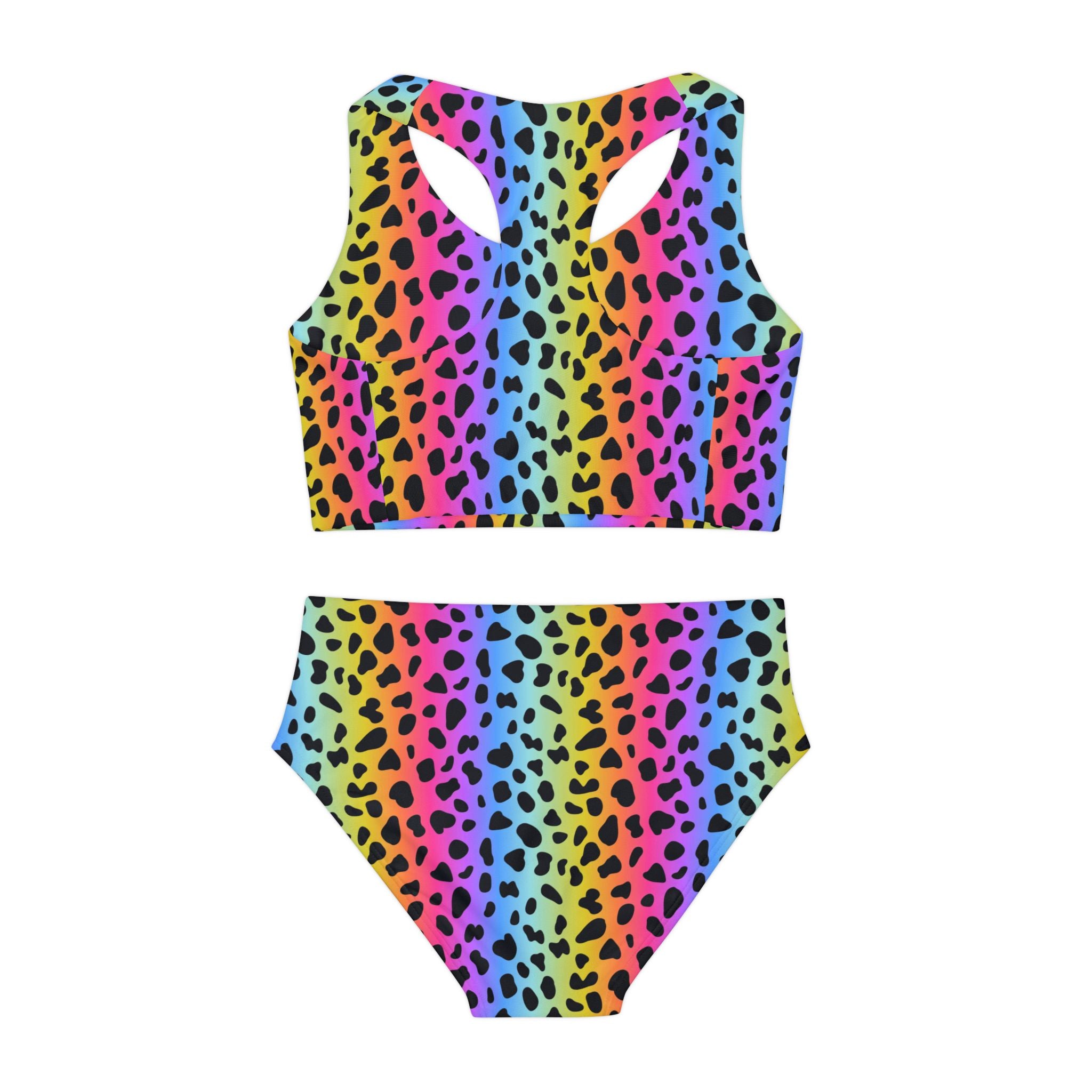 Colorful Rainbow Swimsuit Set, Animal Pattern Two Piece Bathing Suit, Cute Girls Swimwear, Summer Beach Outfit, Kids Swim Set