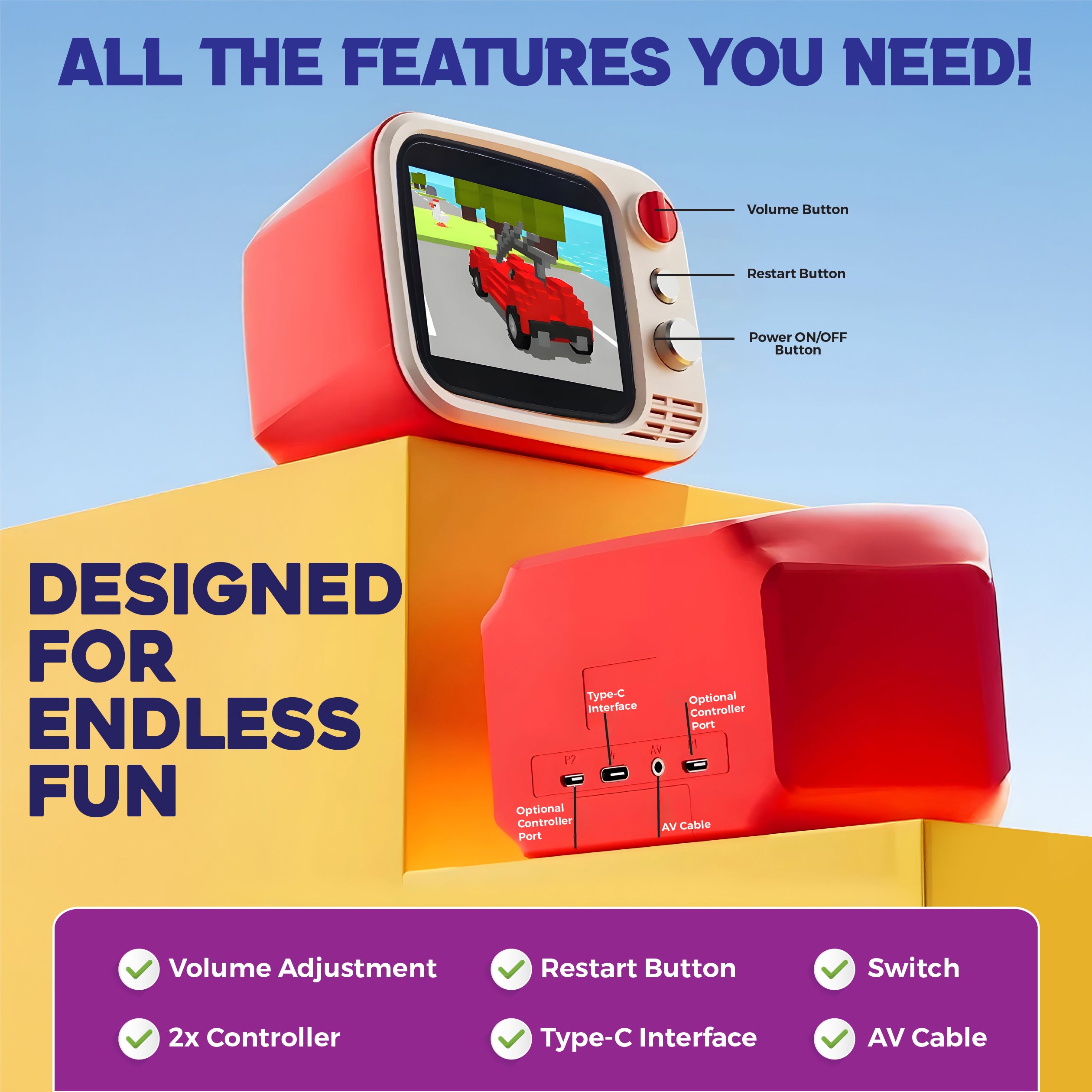 Tiny Arcade TV 3.5" Mini Retro Game - Two Player Playable TV Console & w/ Real Gameplay & Sound - 700+ Classic Video Games - H7 (Red)