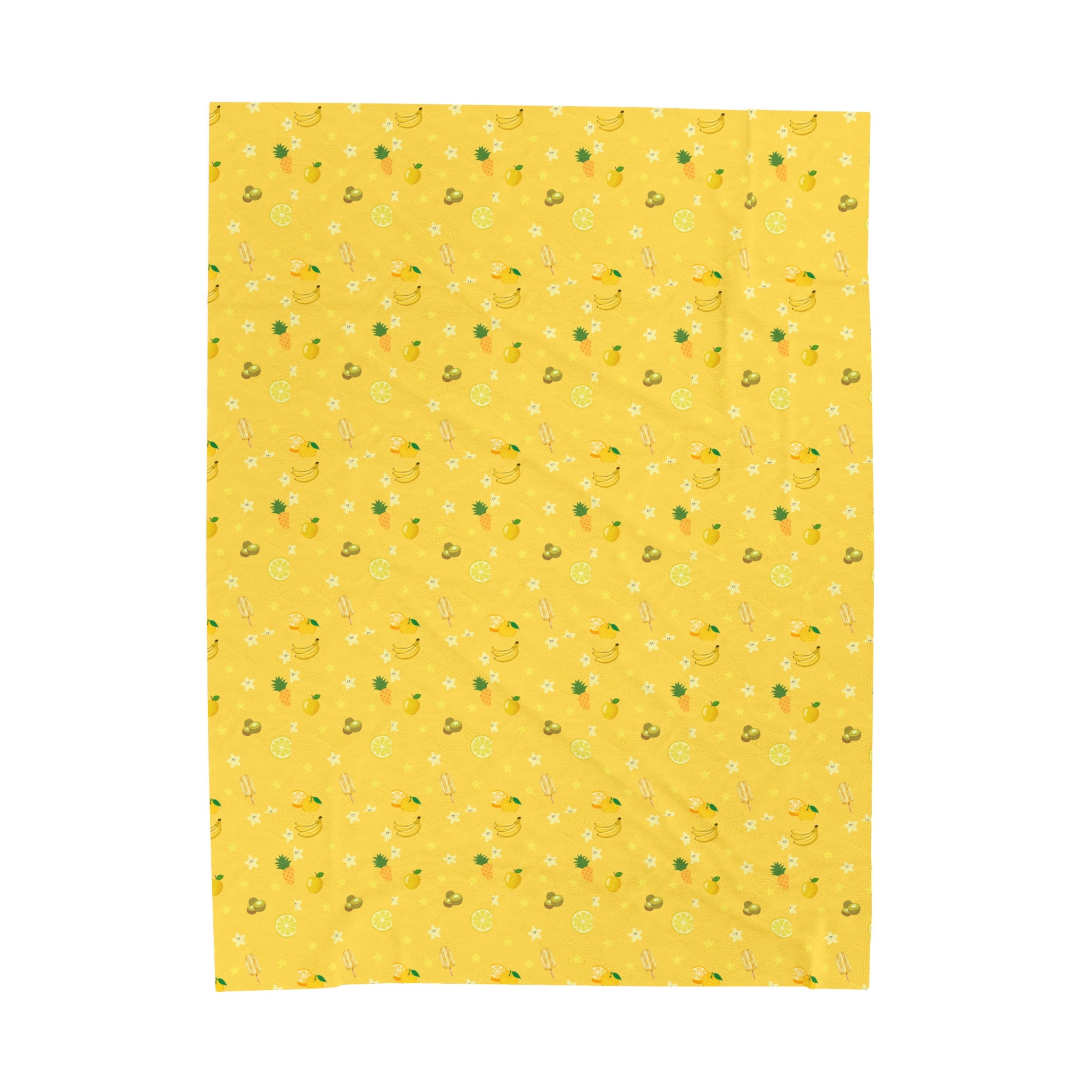 Yellow Summer Fruits Kids Design Velveteen Plush Blanket, Gift for Boys and Girls, Cozy Throw Blanket, Children's Bedroom Decor, Nursery Bedding