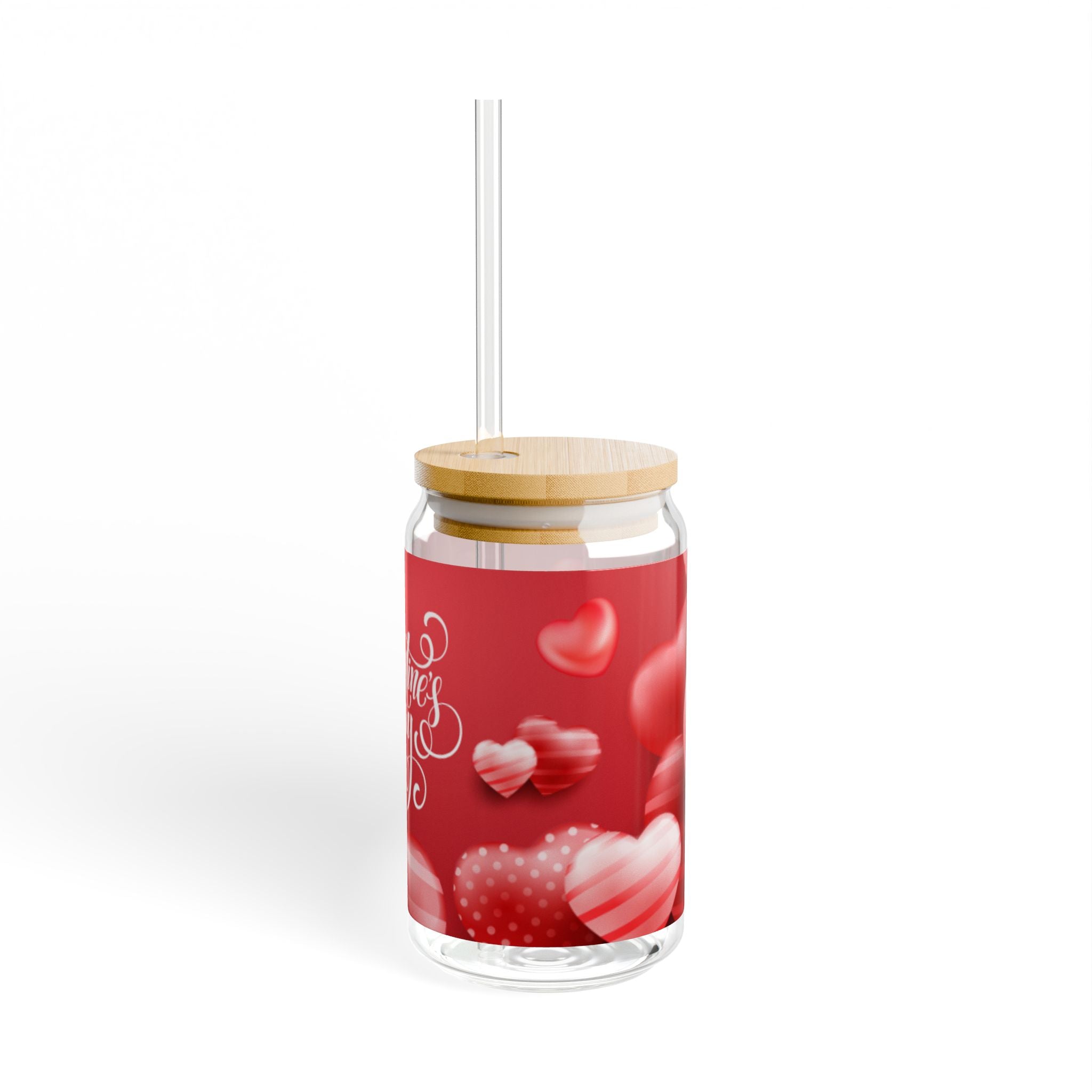 Glass Sipper 16oz - Red Happy Valentines Day Gift for Teachers, Girlfriend, Boyfriend, Valentines Give Away, Glasses Drinking Set, Iced Coffee Cup with Bamboo Lids, Drinking Glasses Tumbler with Straw and Lid, Glass Can Coffee Cups, Drinking Glassware