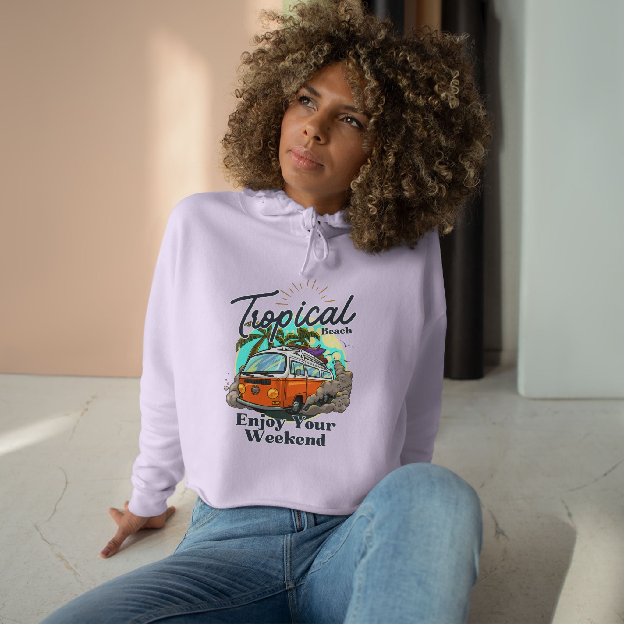 Tropical Casual Hoodie, Women's Cropped Sweatshirt Fleece Pullover, Crop Hoodie for Women, Long Sleeve Crop Top, Cozy Cropped Hooded