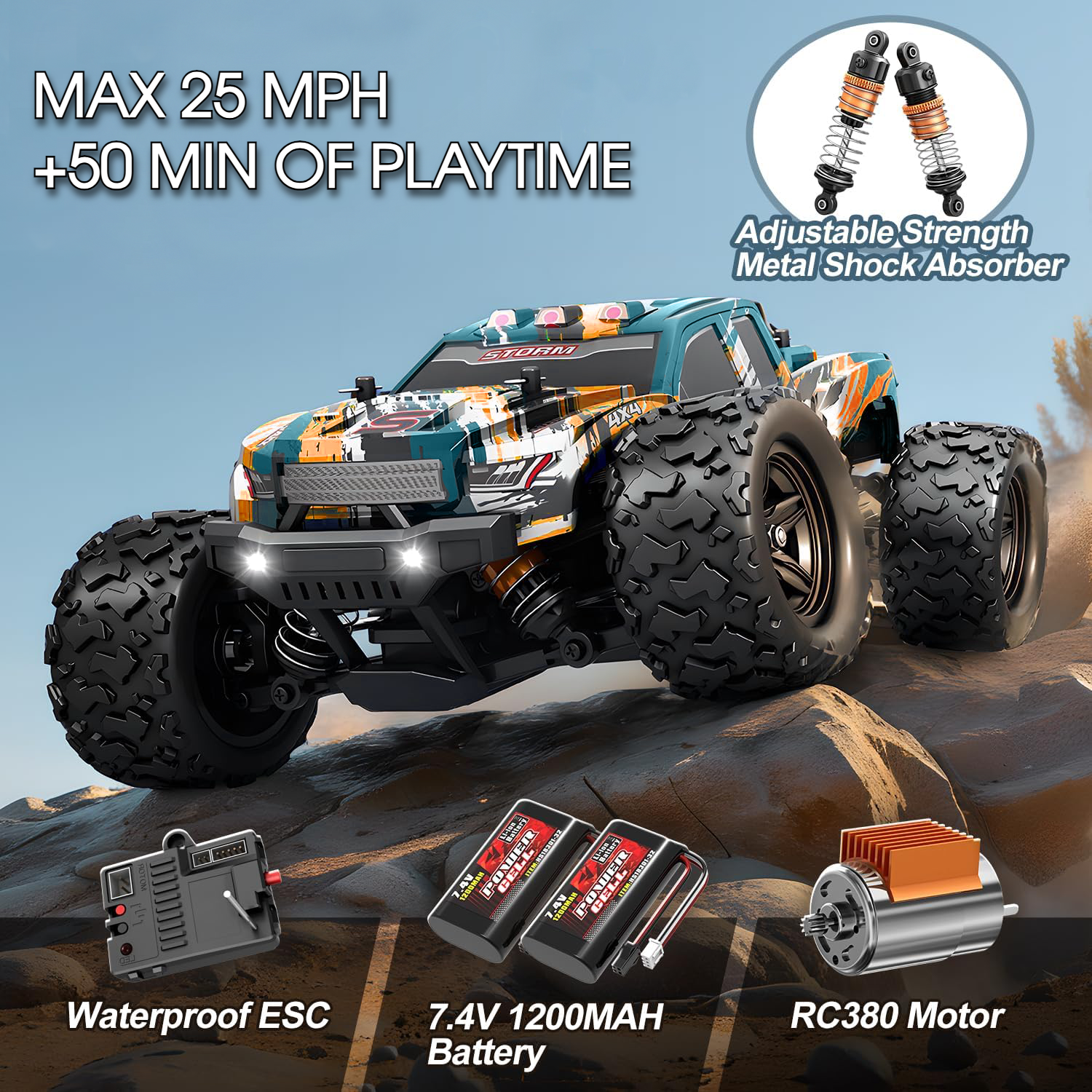 1:20 Scale 4WD Off-Road High-Speed RC Car Truck, 25 MPH, w/Rechargeable Batteries, Waterproof, Brushed 380 Motor