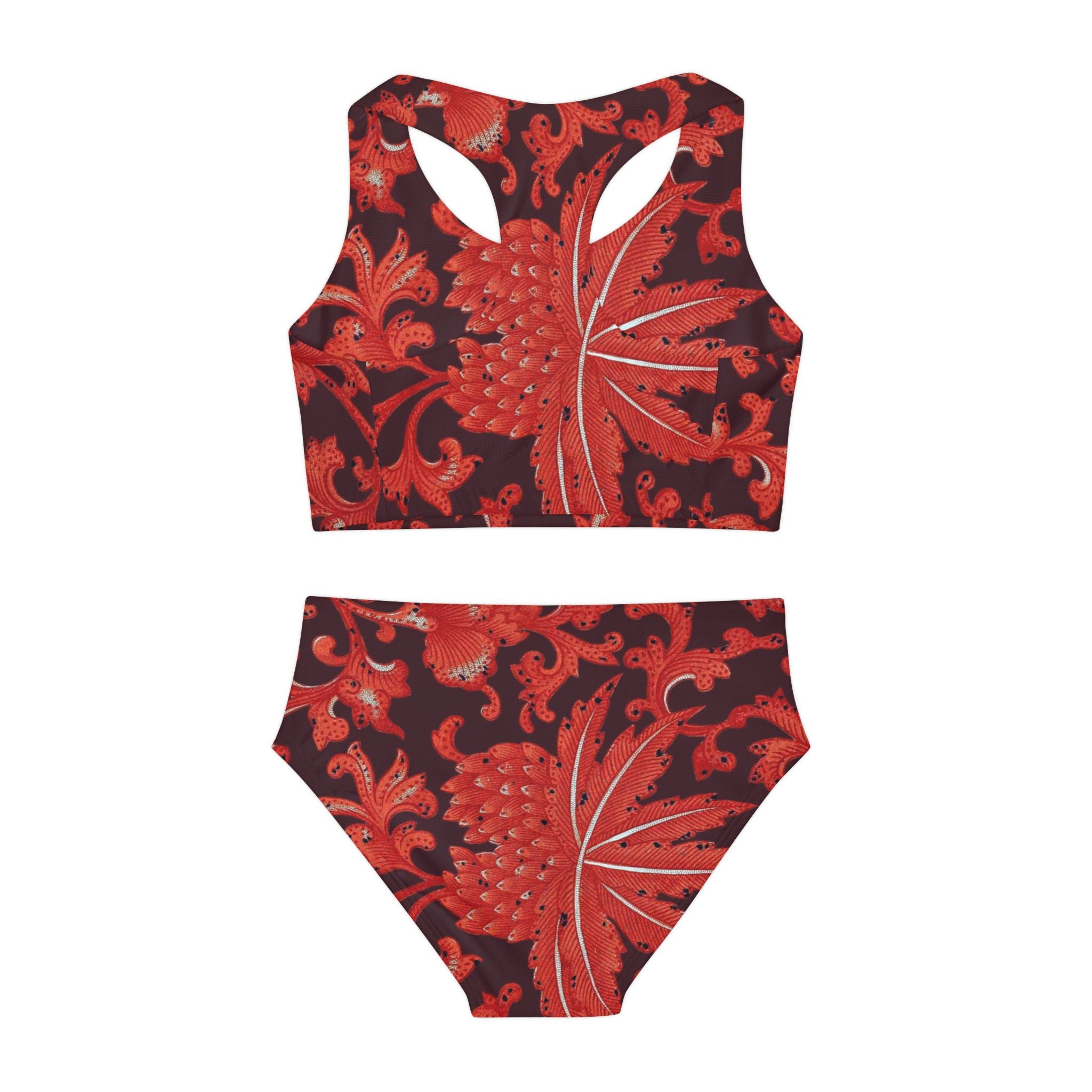 Red Swimsuit Set, Floral Pattern Two Piece Bathing Suit, Cute Girls Swimwear, Summer Beach Outfit, Kids Swim Set