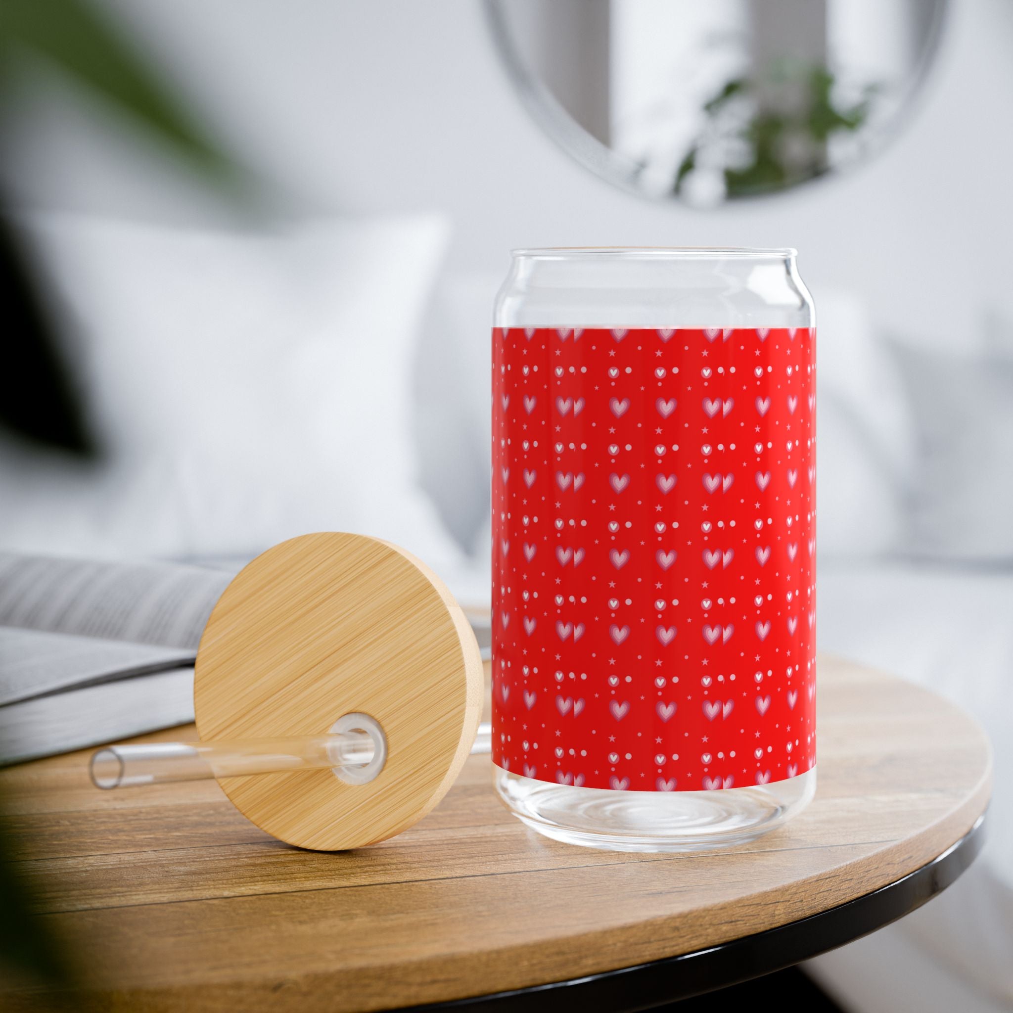 Glass Sipper 16oz - Heart Valentines Day Gift for Teachers, Girlfriend, Boyfriend, Valentines Give Away, Glasses Drinking Set, Iced Coffee Cup with Bamboo Lids, Drinking Glasses Tumbler with Straw and Lid, Glass Can Coffee Cups, Drinking Glassware