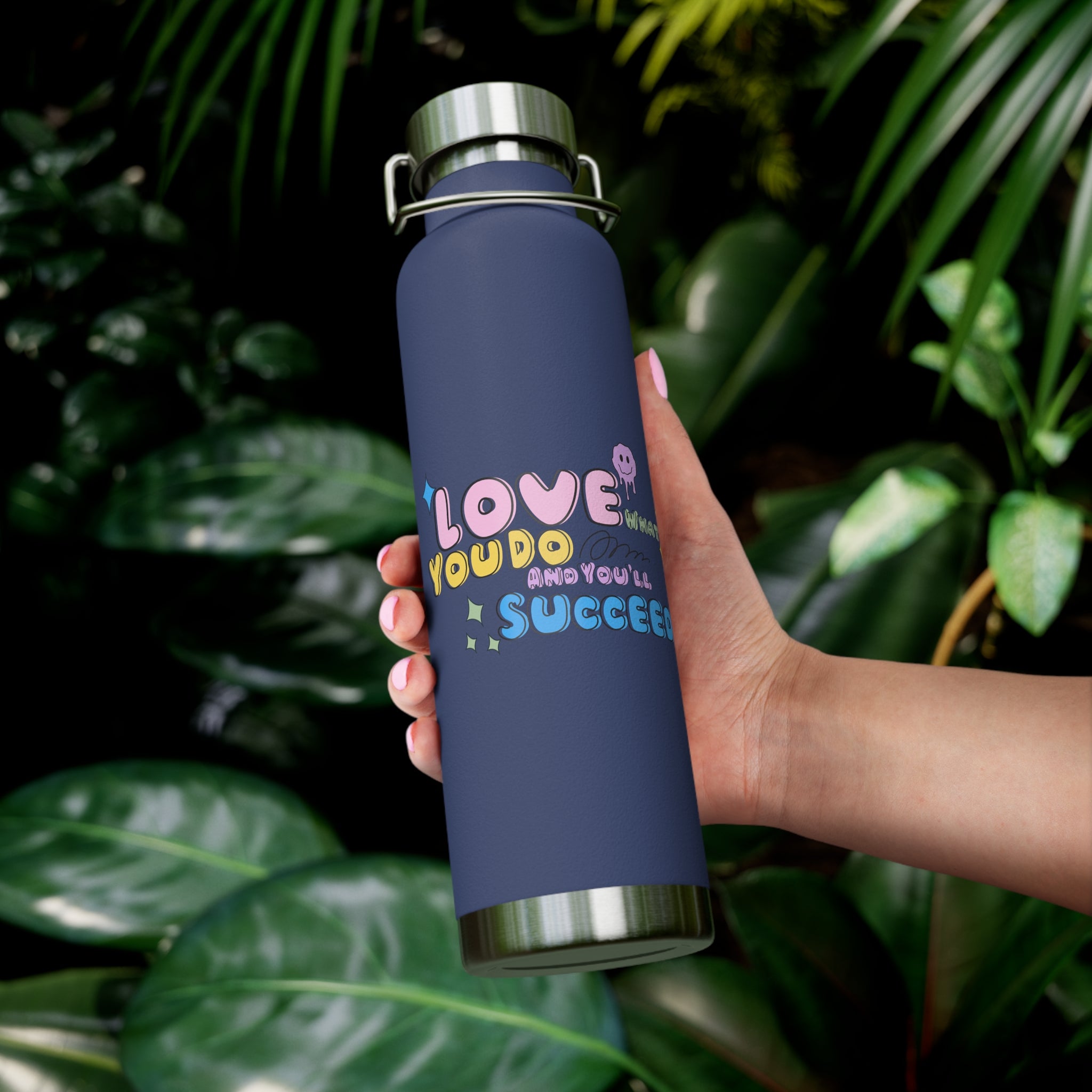"Love What You Do and You'll Succeed " Copper Water Bottle, Inspirational Quote, Gift Tumbler, 22oz, Motivational Drinkware, Stainless Steel Thermos