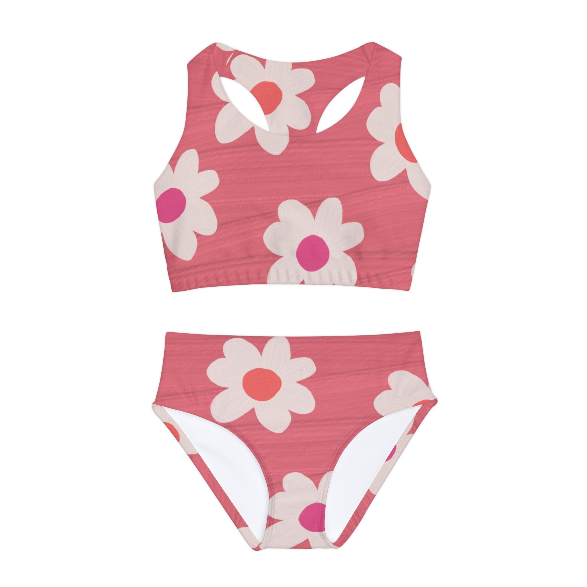 Pink Daisy Swimsuit Set, Floral Two Piece Bathing Suit, Cute Girls Swimwear, Summer Beach Outfit, Kids Swim Set