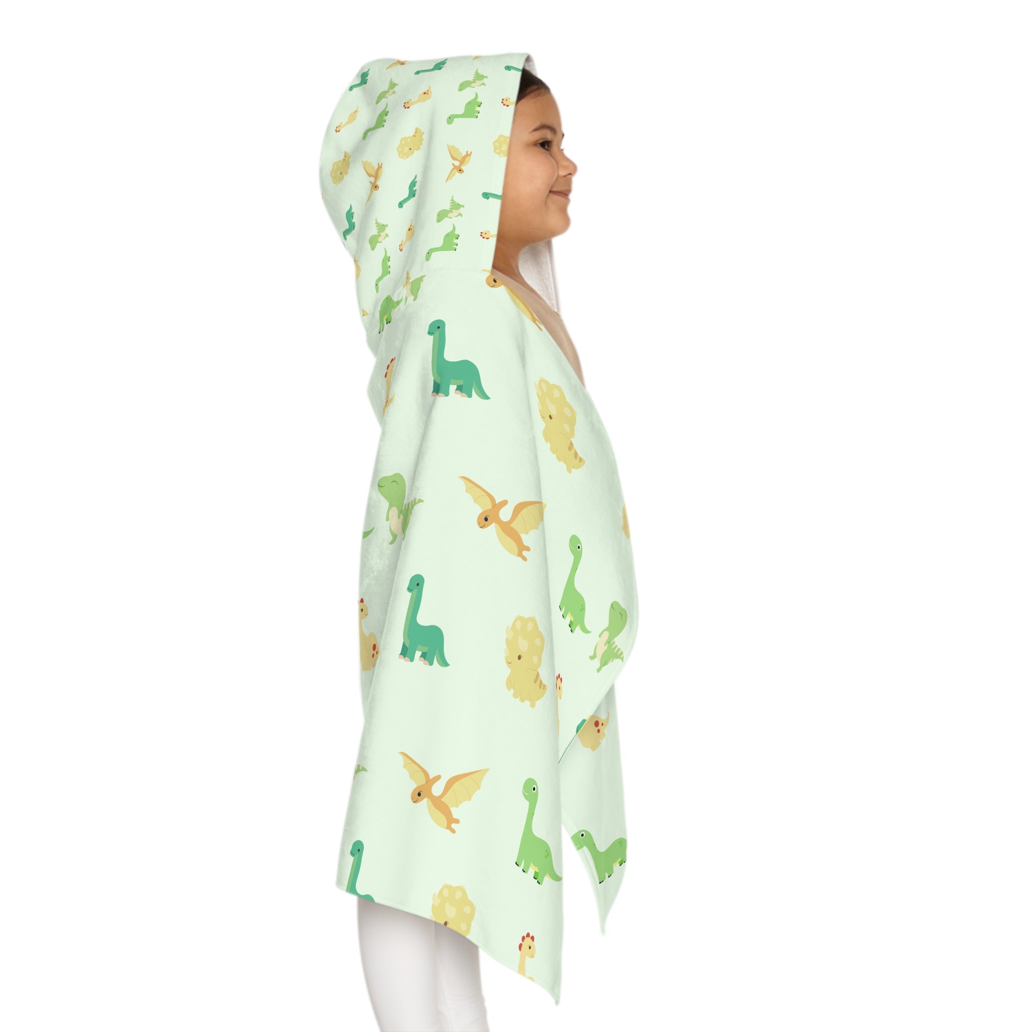 Green and Yellow Dinosaur Kids Hooded Towel, Cute Designs - Youth Hooded Towel