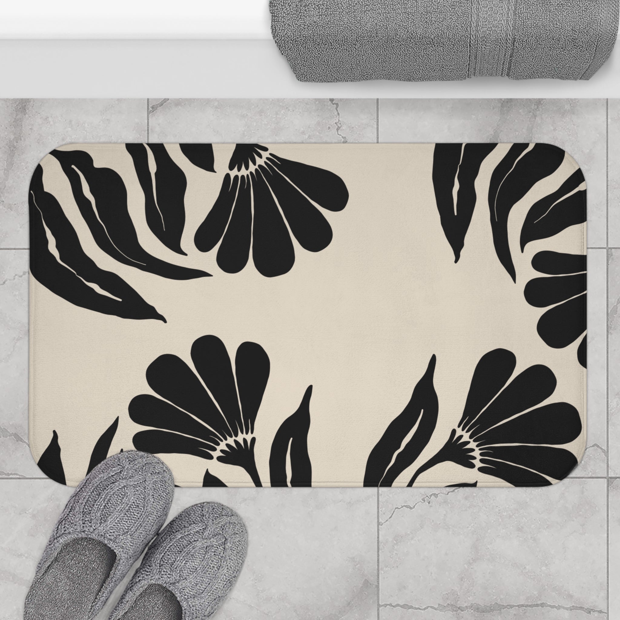 Black Cream Memory Foam Microfiber Bath Mat - Extra Soft Non-Slip Plush Rug, Machine Washable, Bathroom Floor, Tub & Shower