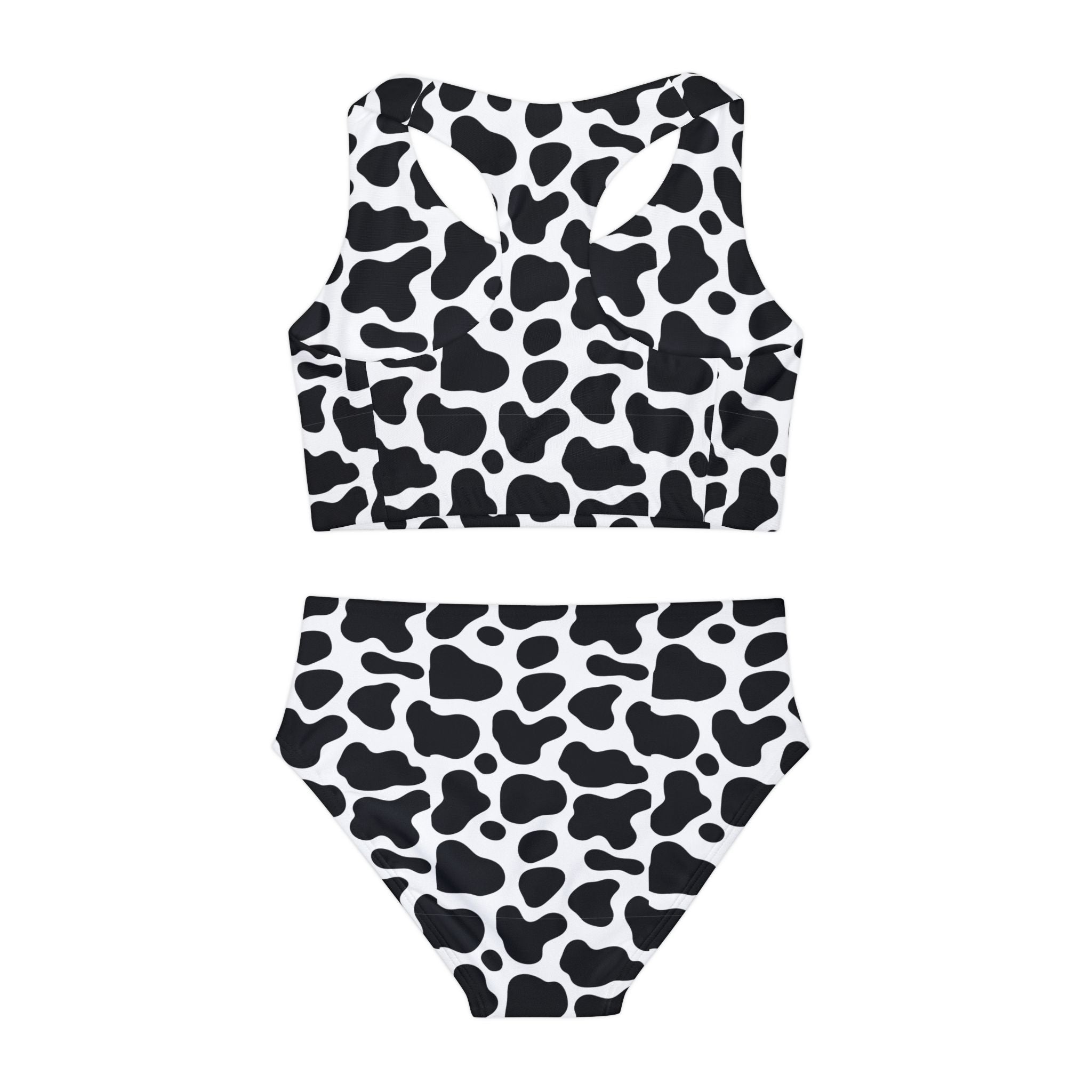 Black Cow Print Swimsuit Set, Animal Pattern Two Piece Bathing Suit, Cute Girls Swimwear, Summer Beach Outfit, Kids Swim Set