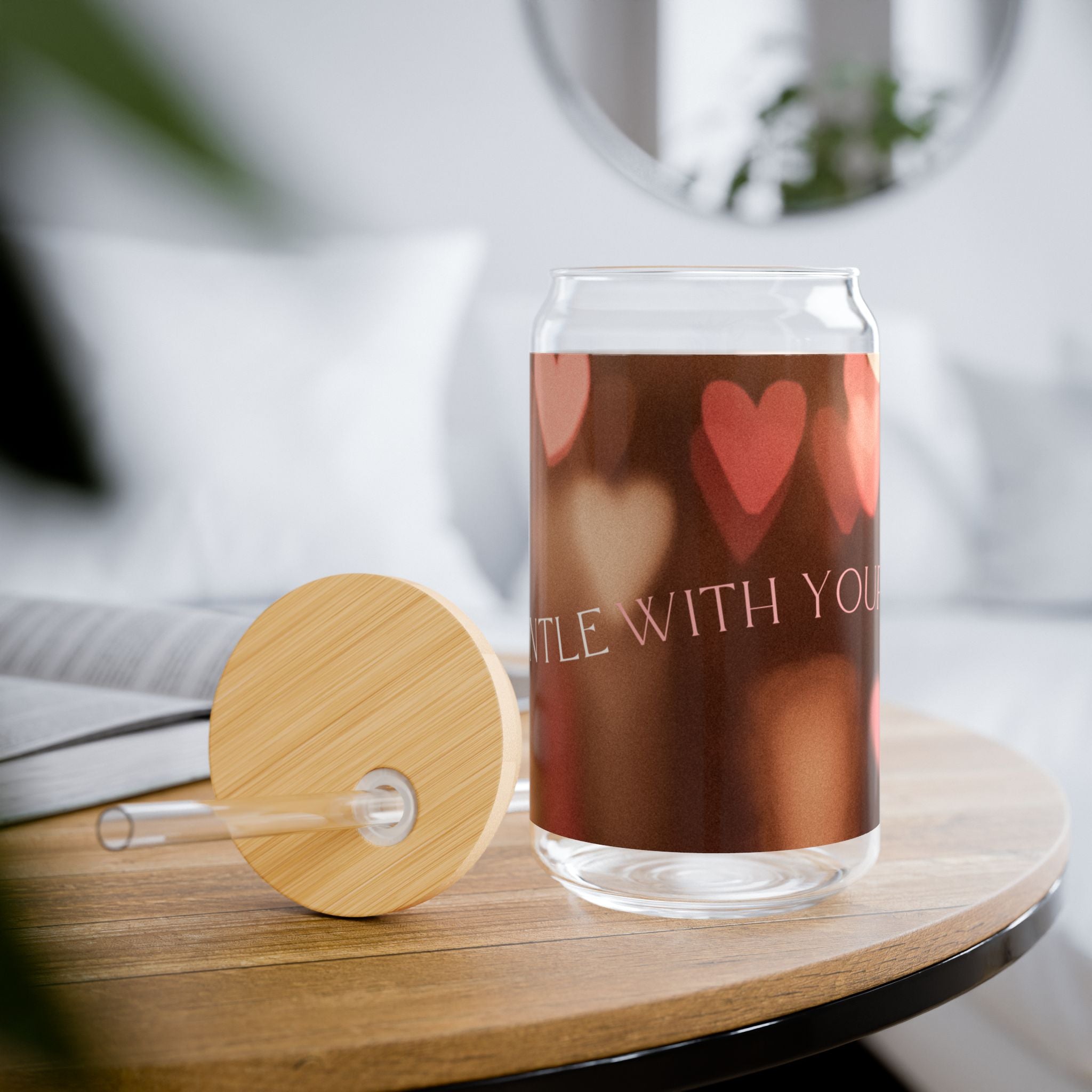 Glass Sipper 16oz - Pink Heart Valentines Day Gift for Teachers, Girlfriend, Boyfriend, Valentines Give Away, Glasses Drinking Set, Iced Coffee Cup with Bamboo Lids, Drinking Glasses Tumbler with Straw and Lid, Glass Can Coffee Cups, Drinking Glassware