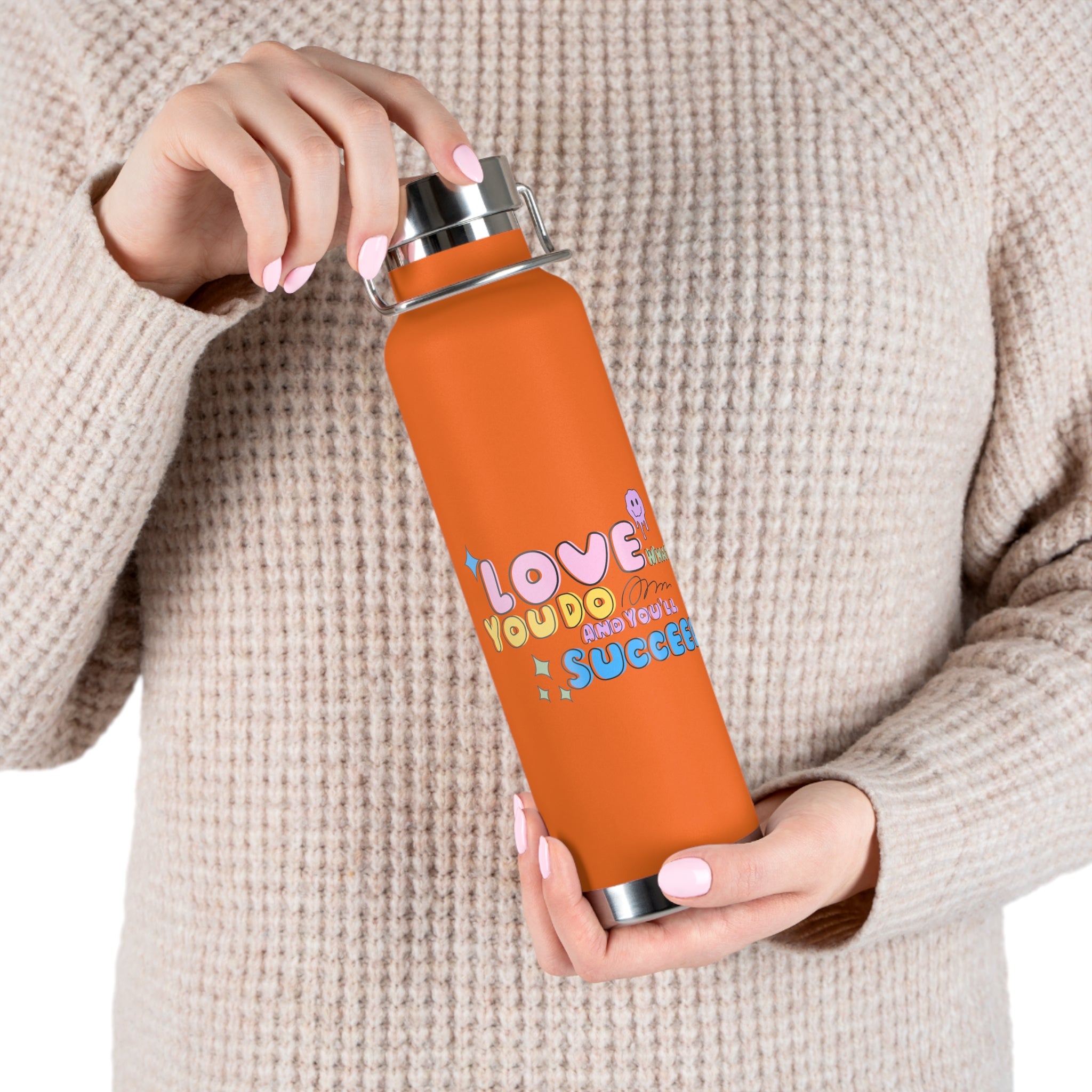 "Love What You Do and You'll Succeed " Copper Water Bottle, Inspirational Quote, Gift Tumbler, 22oz, Motivational Drinkware, Stainless Steel Thermos