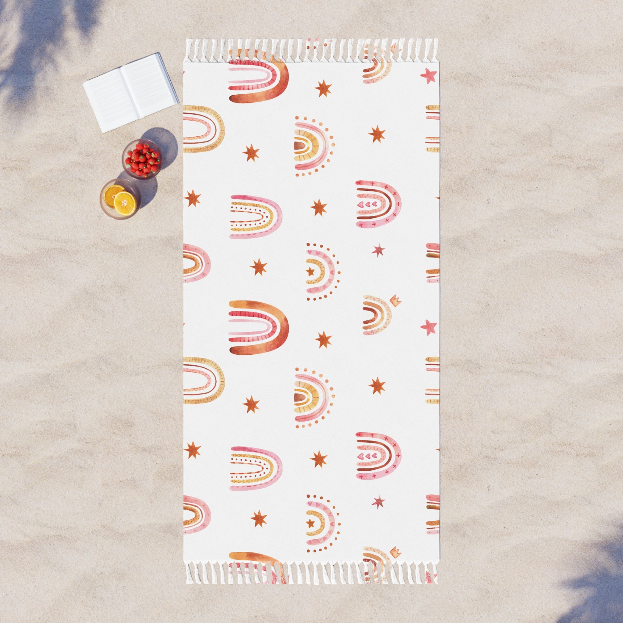 Beige And Pink Rainbow Boho Beach Cloth, Stylish Gift for Her, Trendy Sarong, Summer Wrap, Beach Cover-Up, Bohemian Scarf