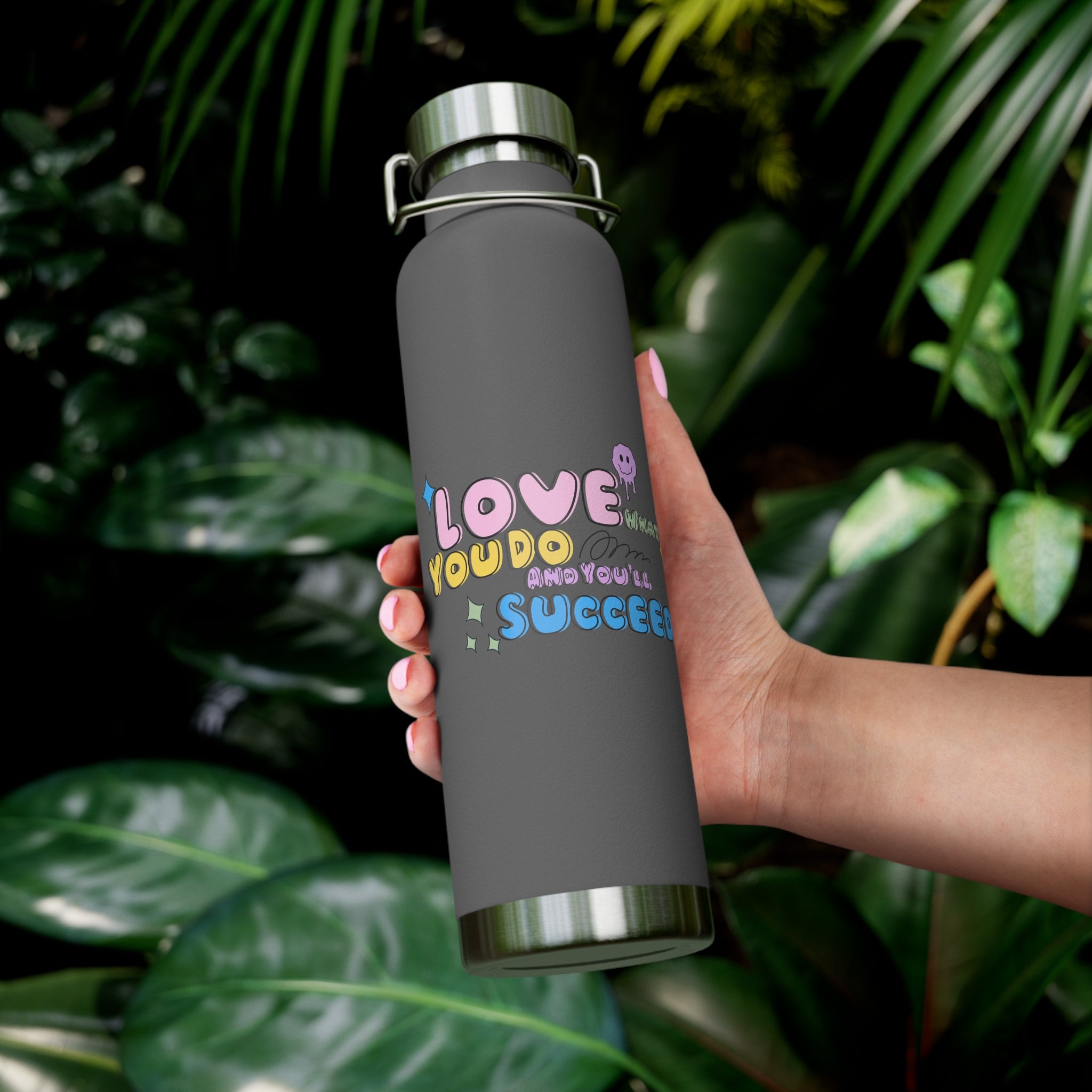 "Love What You Do and You'll Succeed " Copper Water Bottle, Inspirational Quote, Gift Tumbler, 22oz, Motivational Drinkware, Stainless Steel Thermos