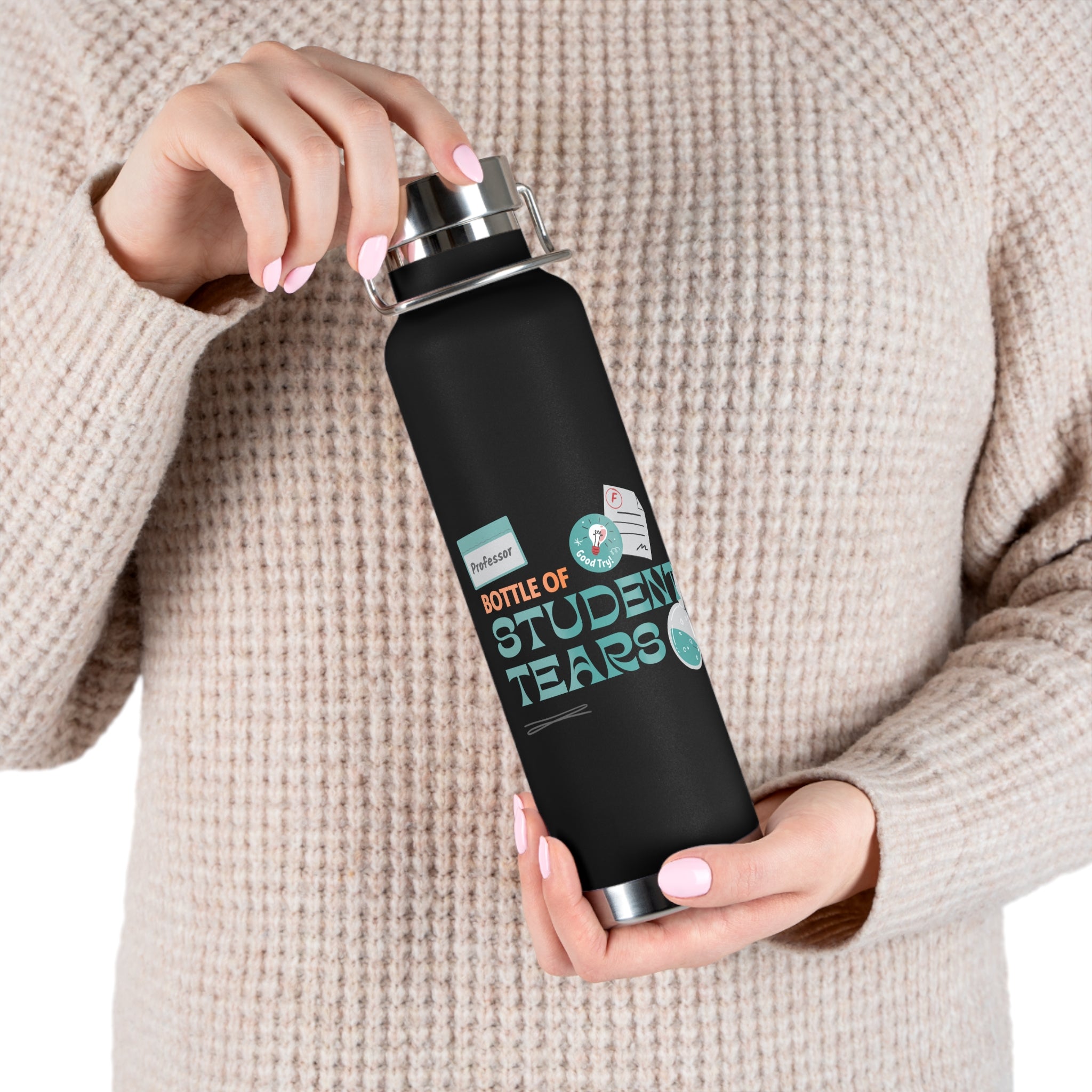 " Student Tears "  Copper Water Bottle, Inspirational Quote, Gift Tumbler, 22oz, Motivational Drinkware, Stainless Steel Thermos