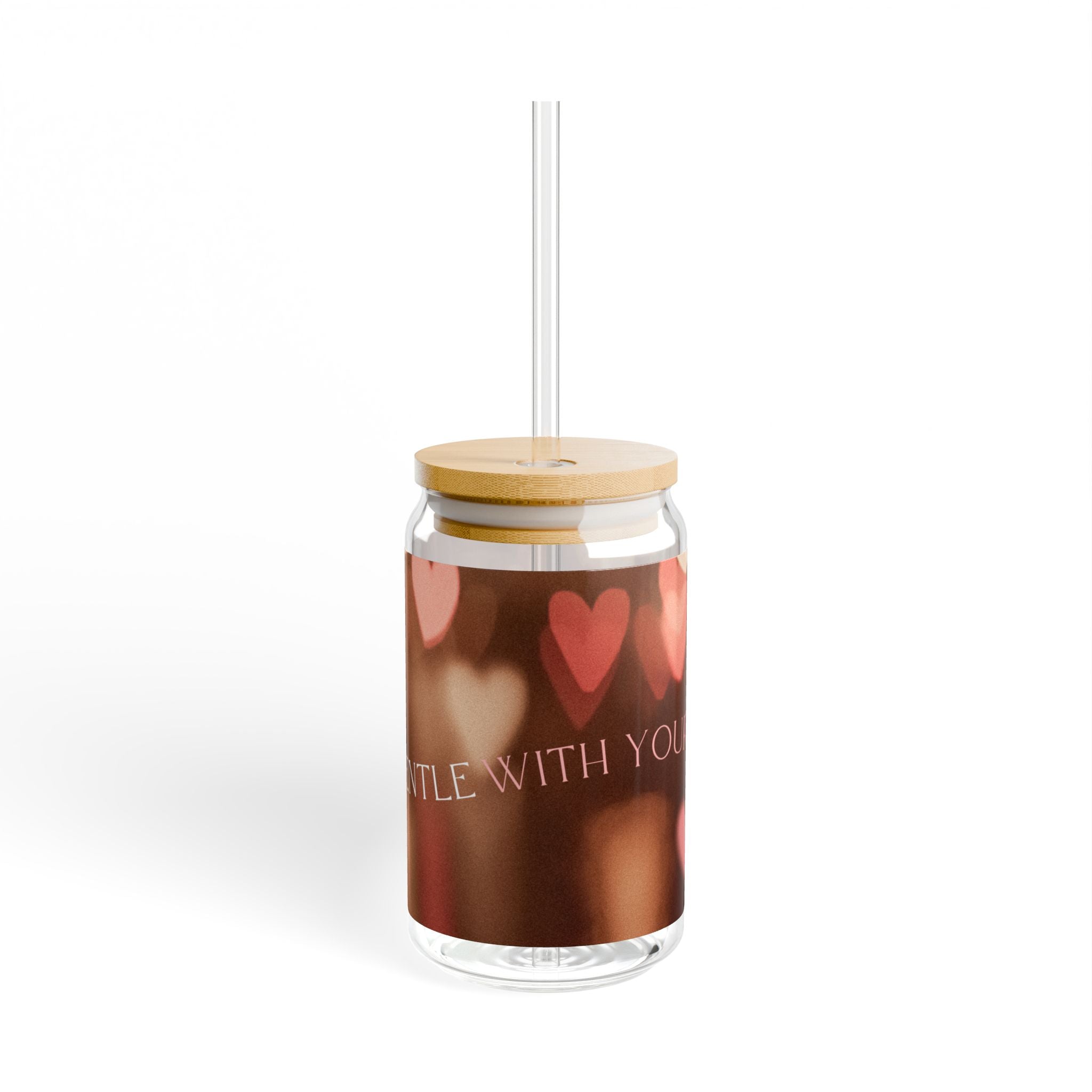 Glass Sipper 16oz - Pink Heart Valentines Day Gift for Teachers, Girlfriend, Boyfriend, Valentines Give Away, Glasses Drinking Set, Iced Coffee Cup with Bamboo Lids, Drinking Glasses Tumbler with Straw and Lid, Glass Can Coffee Cups, Drinking Glassware