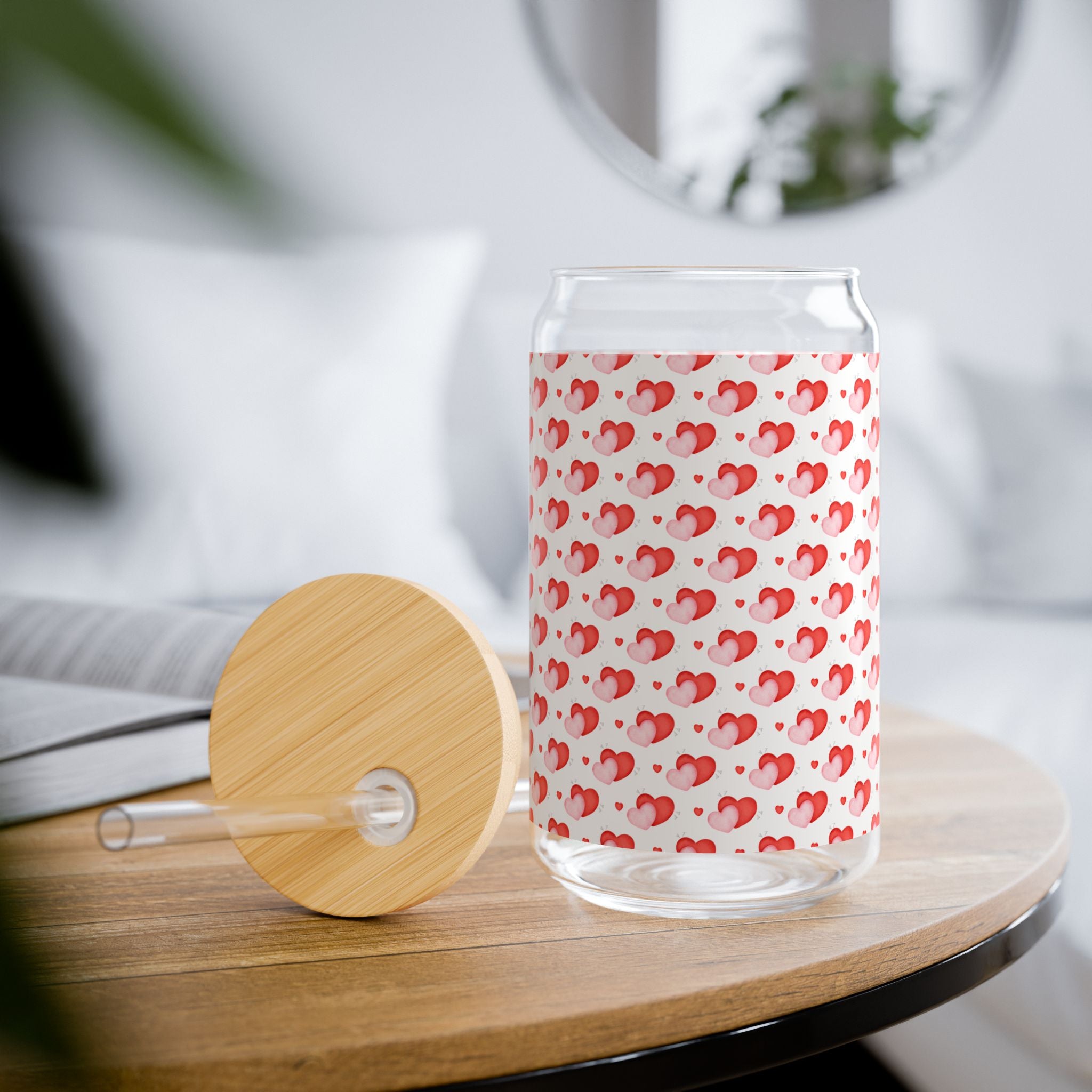 Glass Sipper 16oz - Cute Heart Valentines Day Gift for Teachers, Girlfriend, Boyfriend, Valentines Give Away, Glasses Drinking Set, Iced Coffee Cup with Bamboo Lids, Drinking Glasses Tumbler with Straw and Lid, Glass Can Coffee Cups, Drinking Glassware
