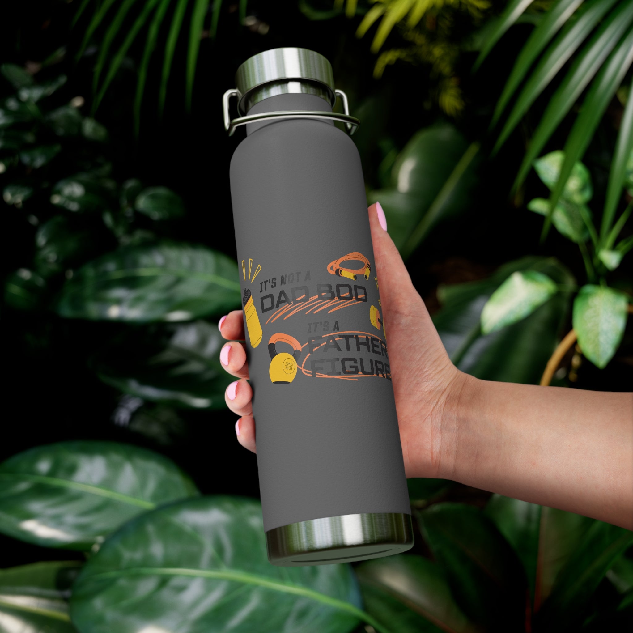 " I'ts Not Dad Bod, It's A Father Figure" Copper Water Bottle, Inspirational Quote, Gift Tumbler, 22oz, Motivational Drinkware, Stainless Steel Thermos