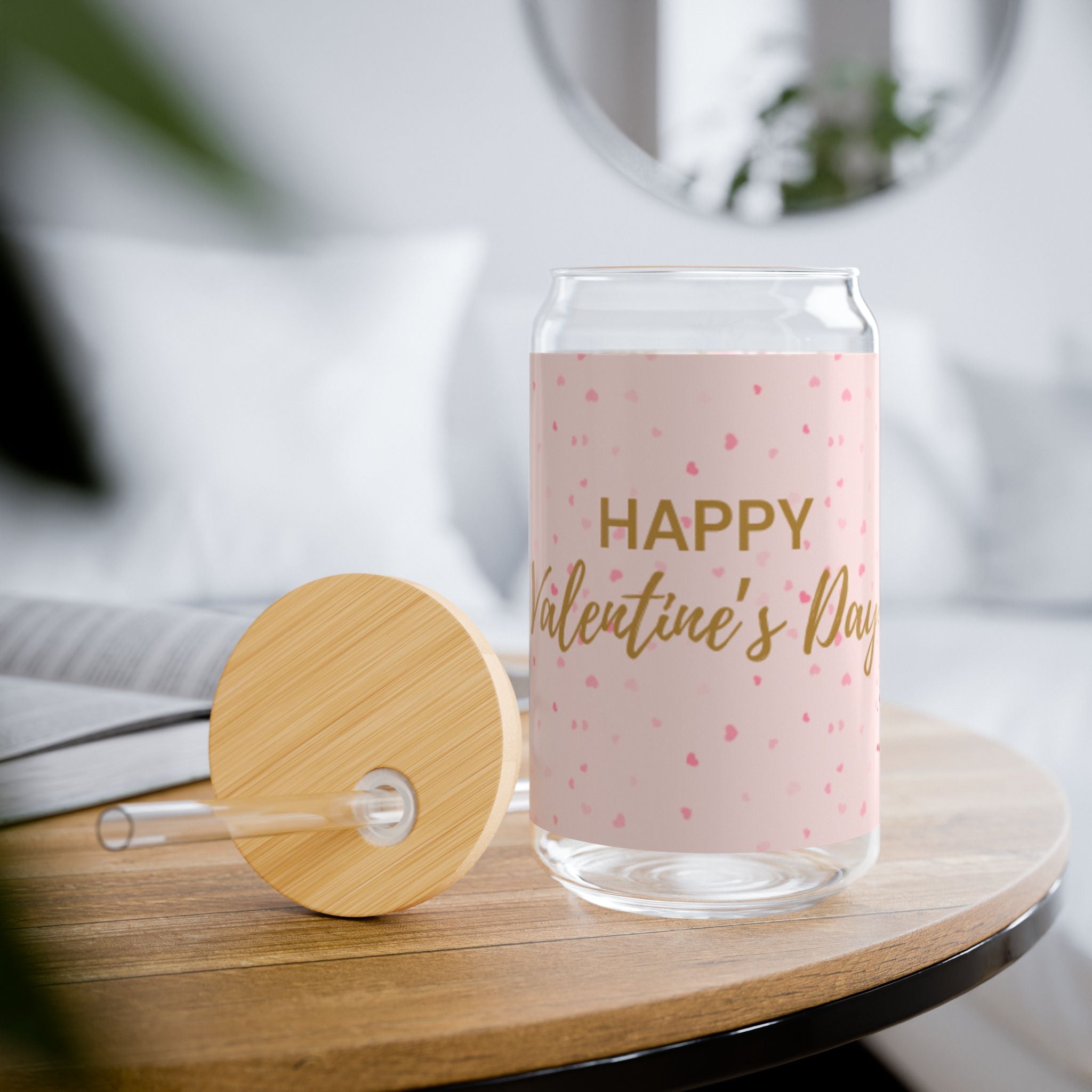 Glass Sipper 16oz -Pink Happy Valentines Day Gift for Teachers, Girlfriend, Boyfriend, Valentines Give Away, Glasses Drinking Set, Iced Coffee Cup with Bamboo Lids, Drinking Glasses Tumbler with Straw and Lid, Glass Can Coffee Cups, Drinking Glassware