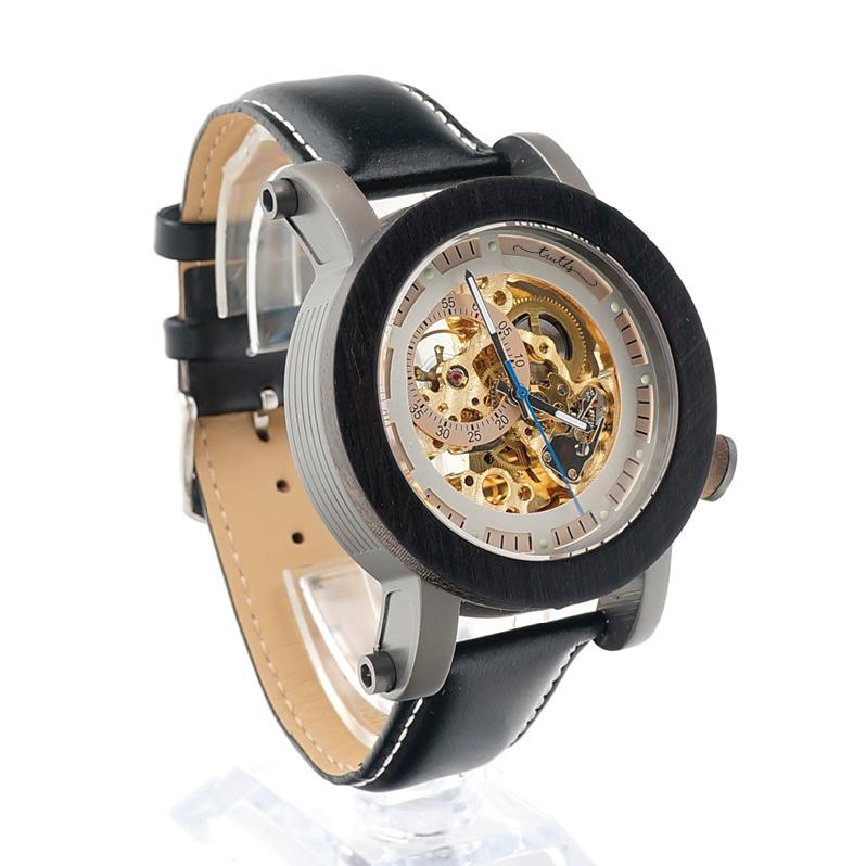 WOOD BEZEL STAINLESS STEEL GENUINE BLACK LEATHER MEN'S WATCH