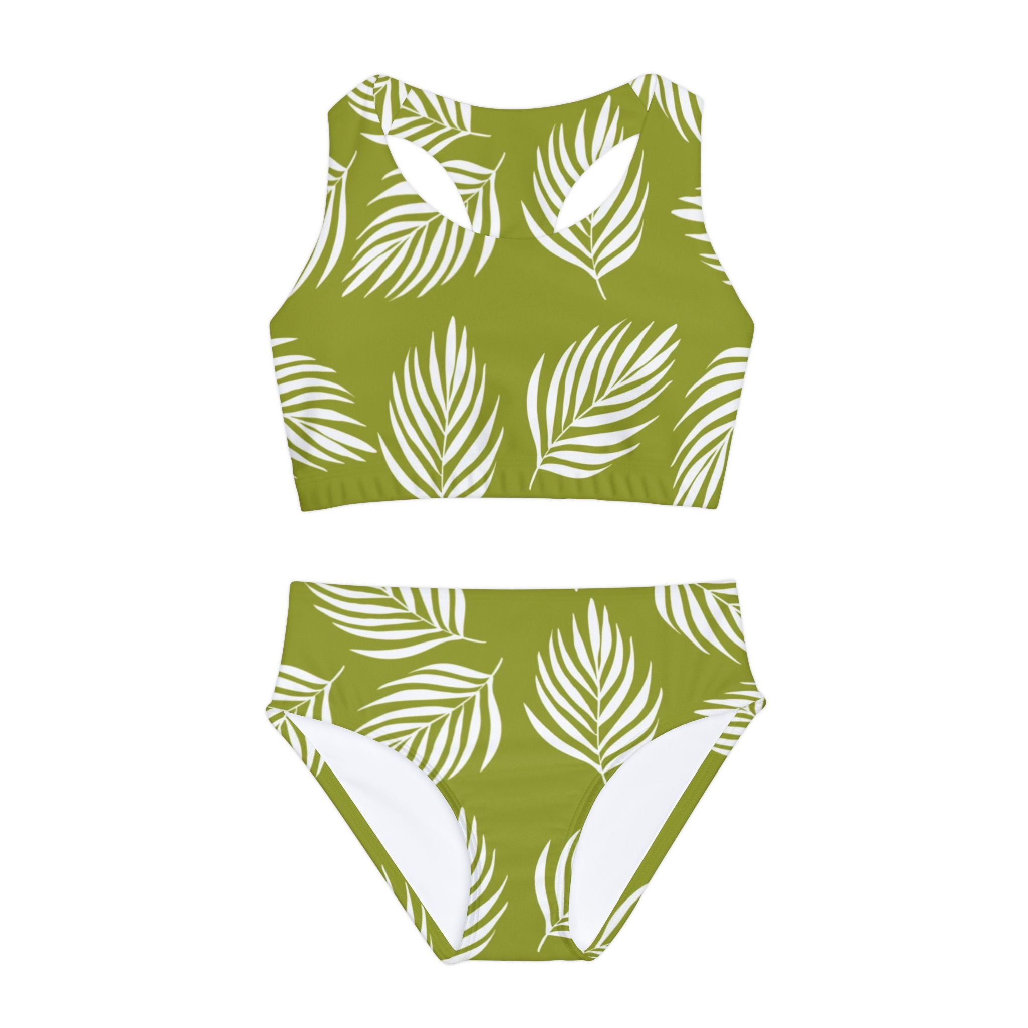 Green Leaves  Print Swimsuit Set, Floral Pattern Two Piece Bathing Suit, Cute Girls Swimwear, Summer Beach Outfit, Kids Swim Set