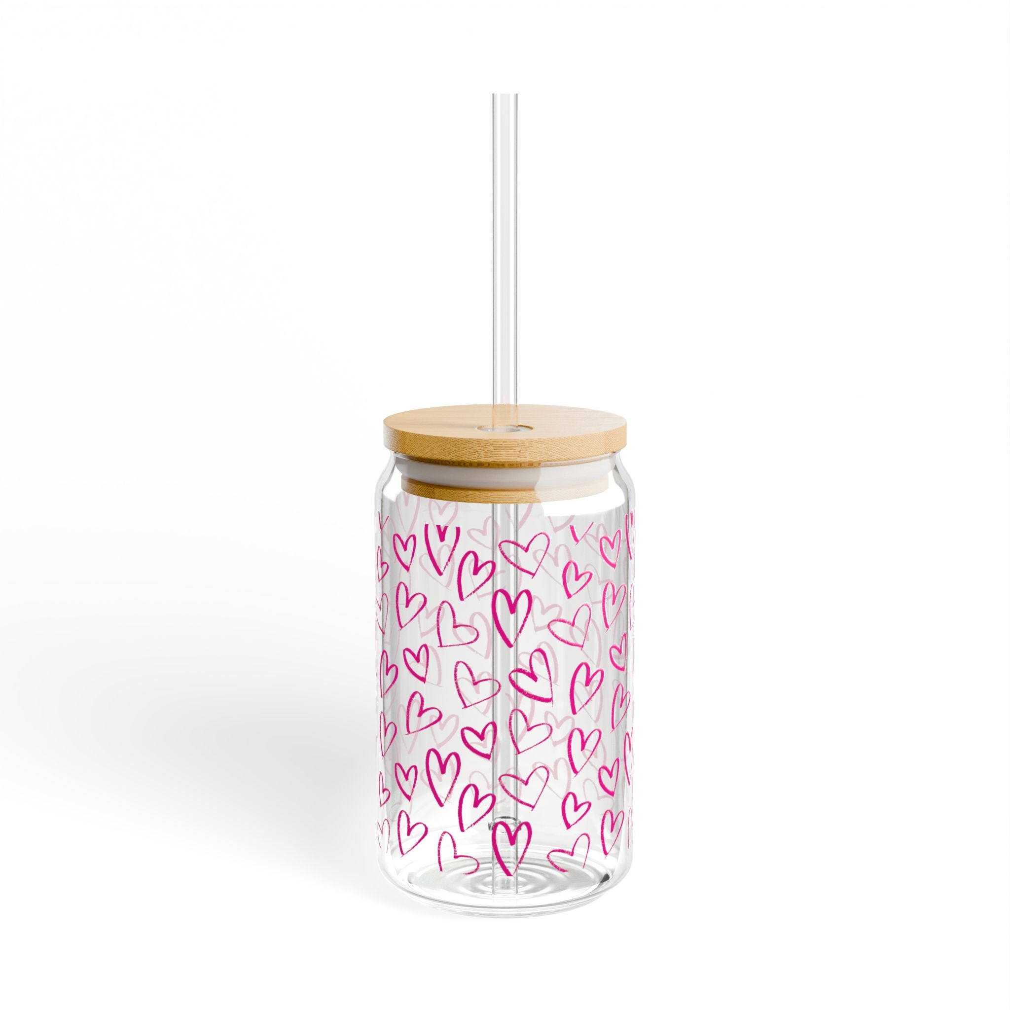 Glass Sipper 16oz - Pink Heart Valentines Day Gift for Teachers, Girlfriend, Boyfriend, Valentines Give Away, Glasses Drinking Set, Iced Coffee Cup with Bamboo Lids, Drinking Glasses Tumbler with Straw and Lid, Glass Can Coffee Cups, Drinking Glassware