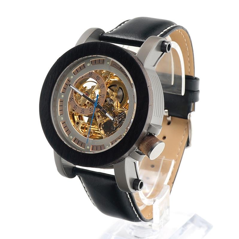 WOOD BEZEL STAINLESS STEEL GENUINE BLACK LEATHER MEN'S WATCH