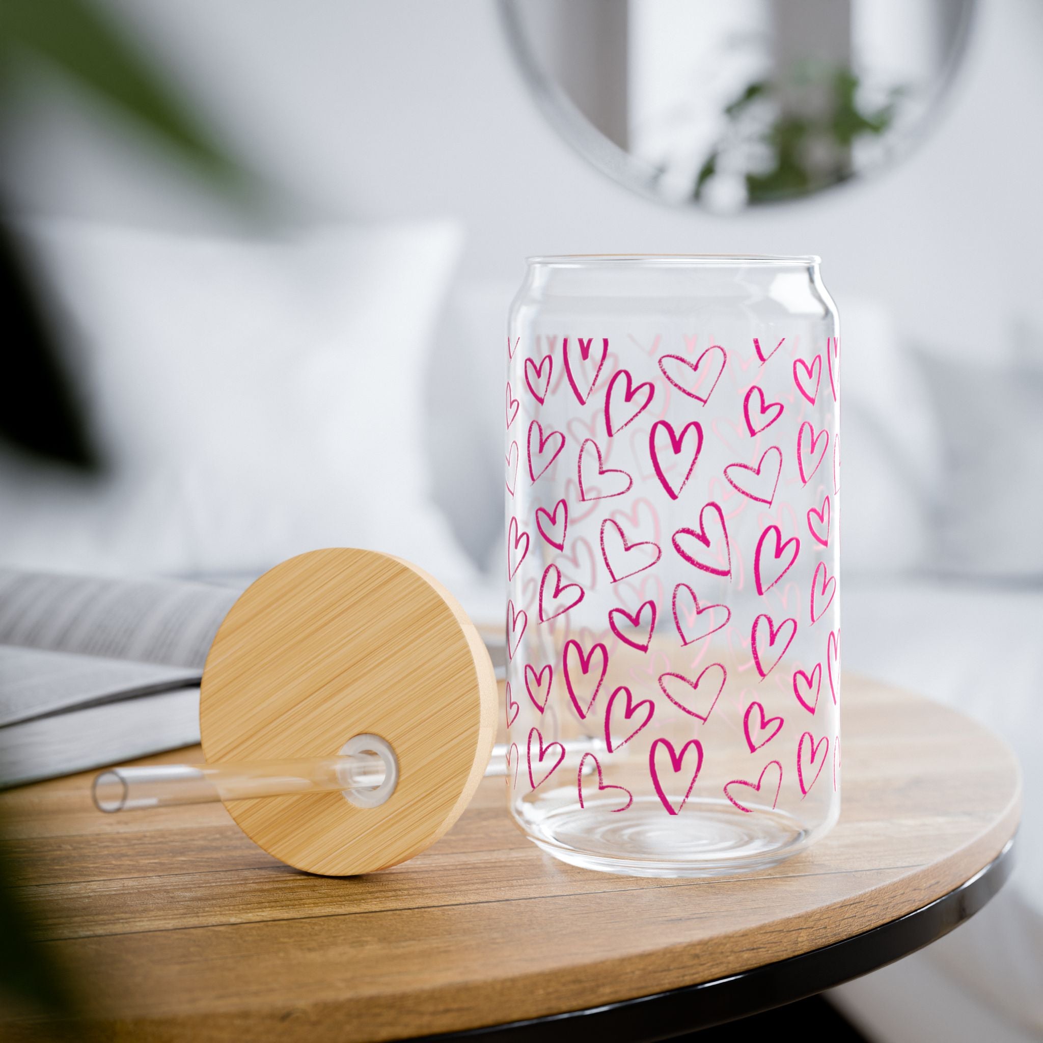 Glass Sipper 16oz - Pink Heart Valentines Day Gift for Teachers, Girlfriend, Boyfriend, Valentines Give Away, Glasses Drinking Set, Iced Coffee Cup with Bamboo Lids, Drinking Glasses Tumbler with Straw and Lid, Glass Can Coffee Cups, Drinking Glassware