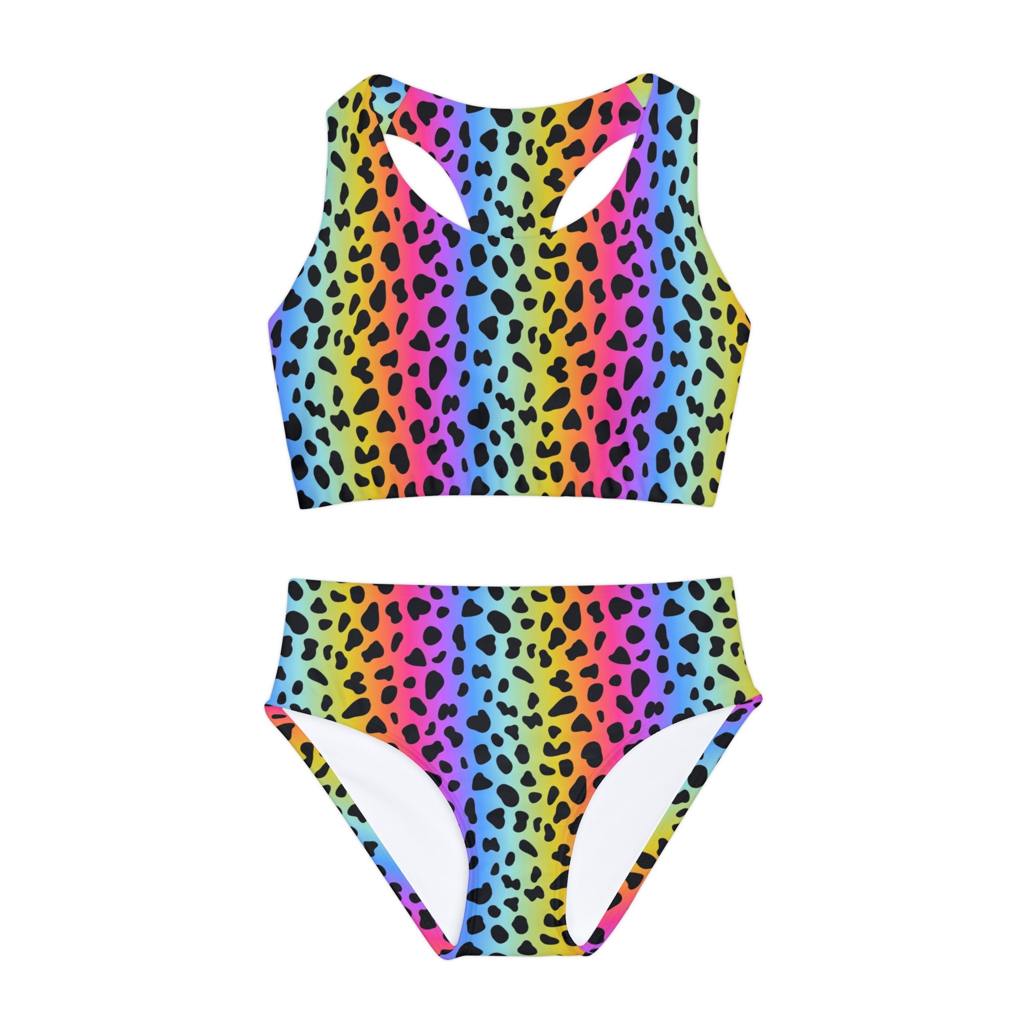 Colorful Rainbow Swimsuit Set, Animal Pattern Two Piece Bathing Suit, Cute Girls Swimwear, Summer Beach Outfit, Kids Swim Set