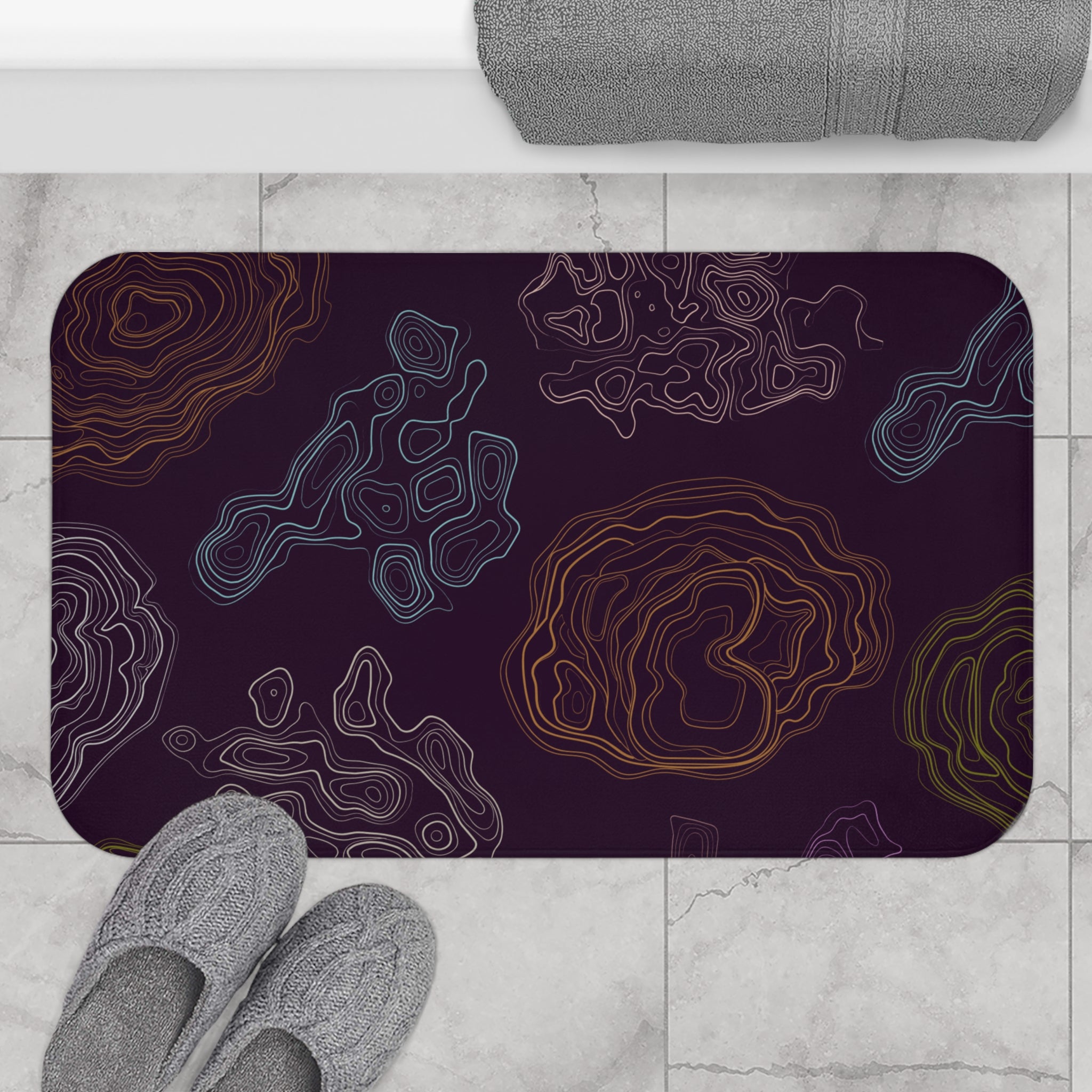 Beige Purple Memory Foam Microfiber Bath Mat - Extra Soft Non-Slip Plush Rug, Machine Washable, Bathroom Floor, Tub & Shower