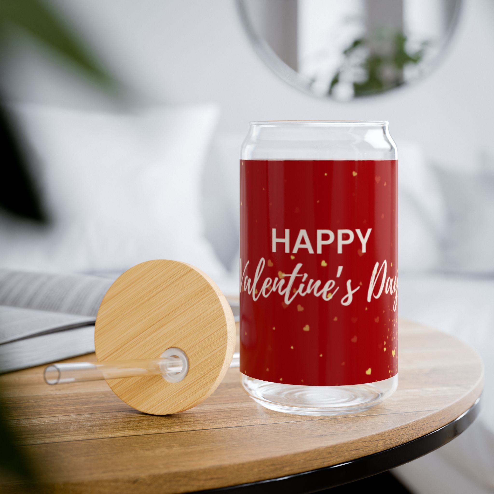 Glass Sipper 16oz -Glitter Hearts Valentines Day Gift for Teachers, Girlfriend, Boyfriend, Valentines Give Away, Glasses Drinking Set, Iced Coffee Cup with Bamboo Lids, Drinking Glasses Tumbler with Straw and Lid, Glass Can Coffee Cups, Drinking Glassware