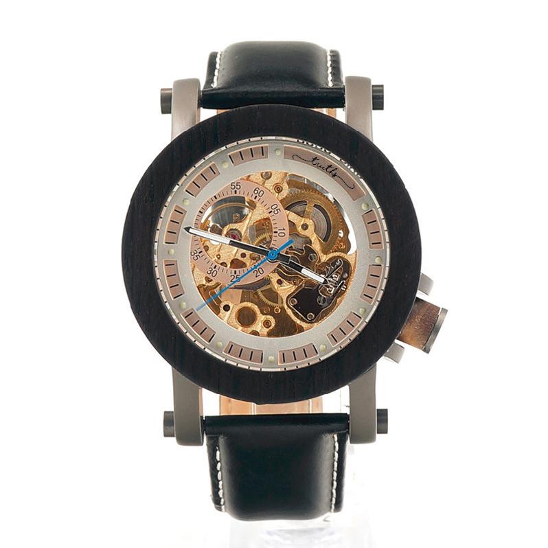 WOOD BEZEL STAINLESS STEEL GENUINE BLACK LEATHER MEN'S WATCH