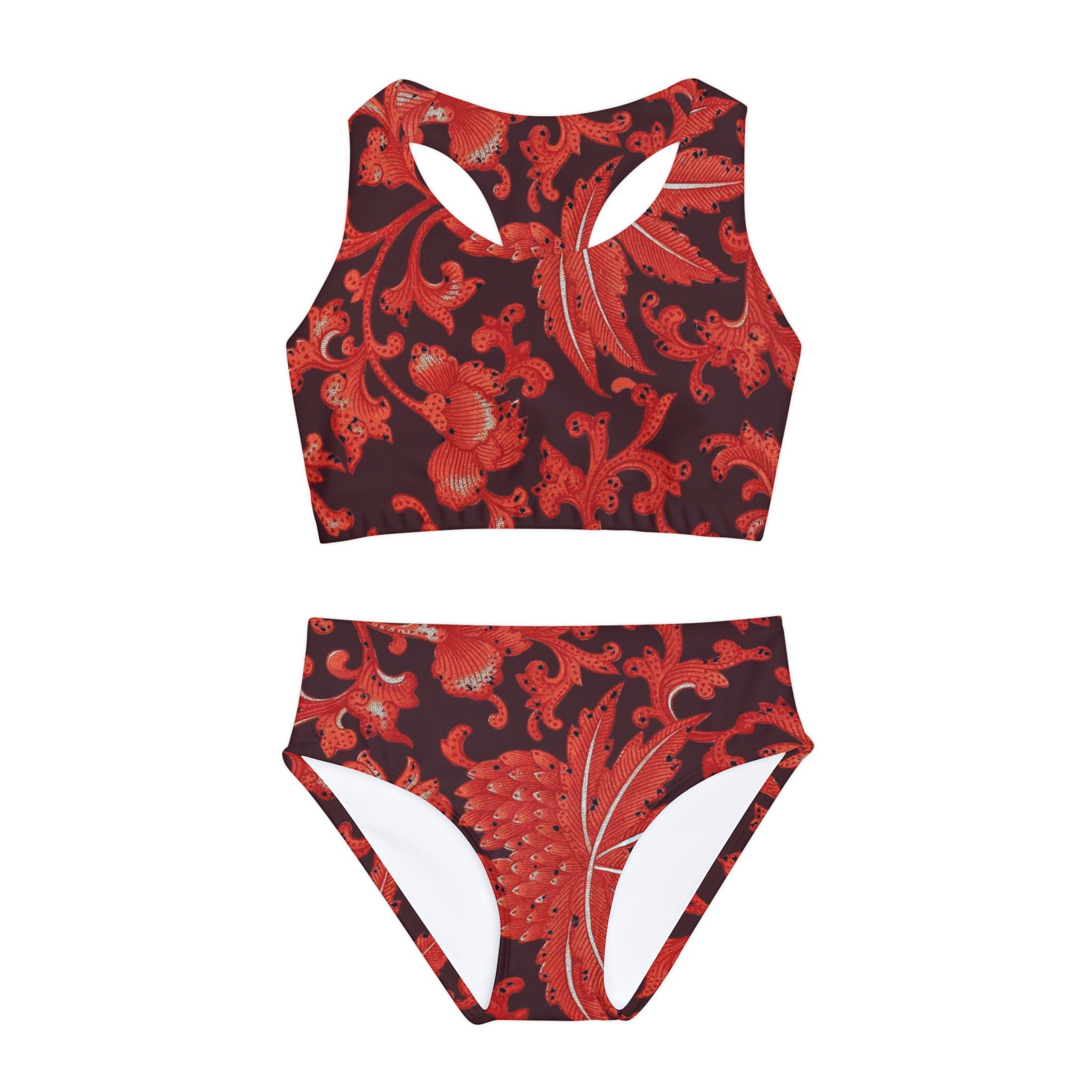 Red Swimsuit Set, Floral Pattern Two Piece Bathing Suit, Cute Girls Swimwear, Summer Beach Outfit, Kids Swim Set