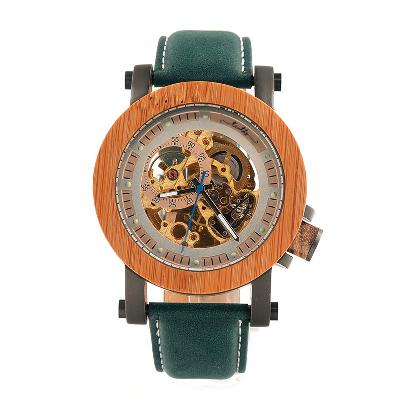 WOOD BEZEL STAINLESS STEEL GENUINE LEATHER MEN'S WATCH (BLUE)