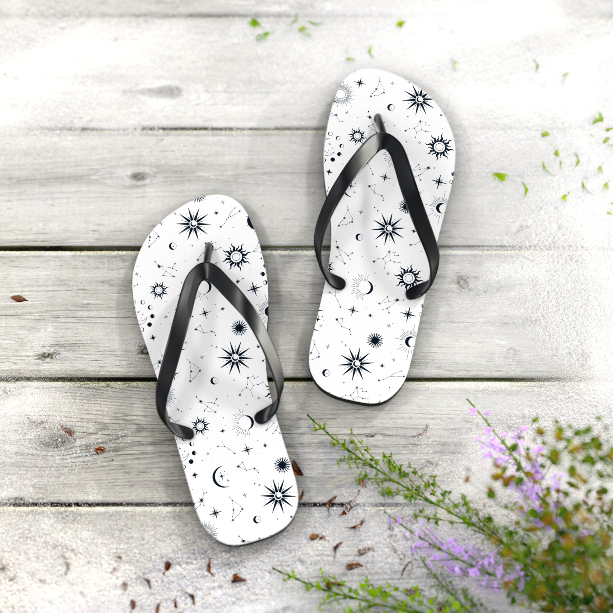 Black And White Celestial , Flip Flops for Women, Cute Designs, Everyday Use, Indoor Sleepers