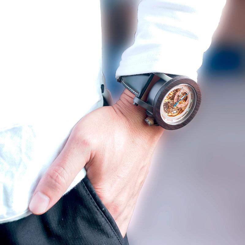 WOOD BEZEL STAINLESS STEEL GENUINE BLACK LEATHER MEN'S WATCH