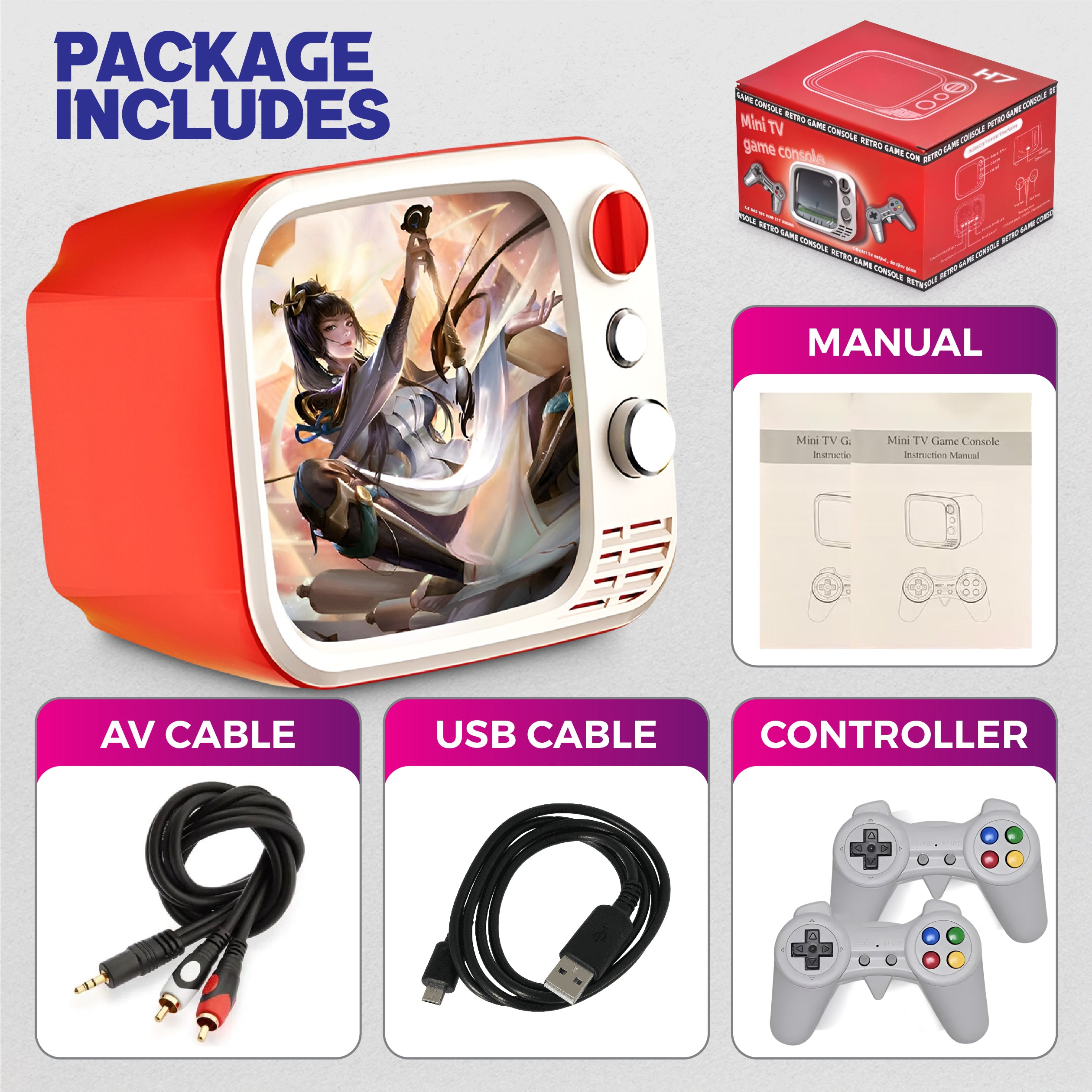 Tiny Arcade TV 3.5" Mini Retro Game - Two Player Playable TV Console & w/ Real Gameplay & Sound - 700+ Classic Video Games - H7 (Red)