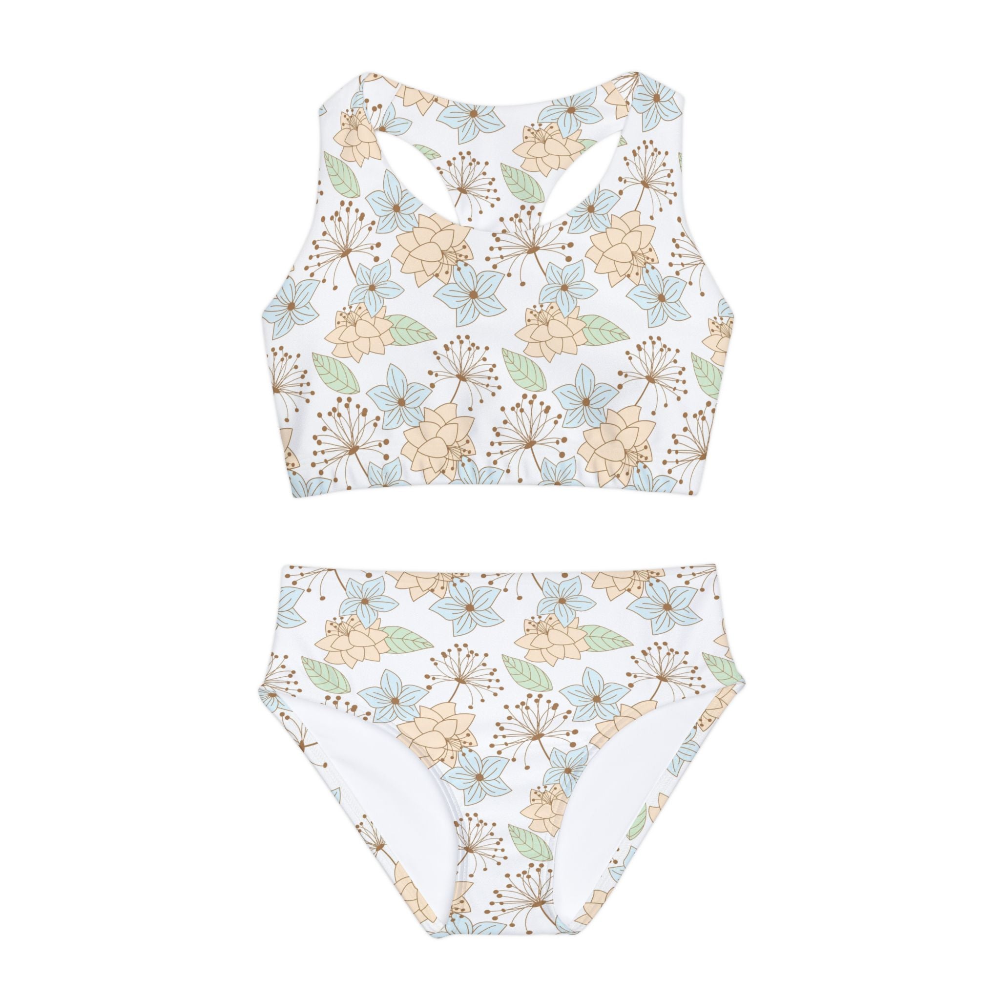 Beige Swimsuit Set, Floral Pattern Two Piece Bathing Suit, Cute Girls Swimwear, Summer Beach Outfit, Kids Swim Set